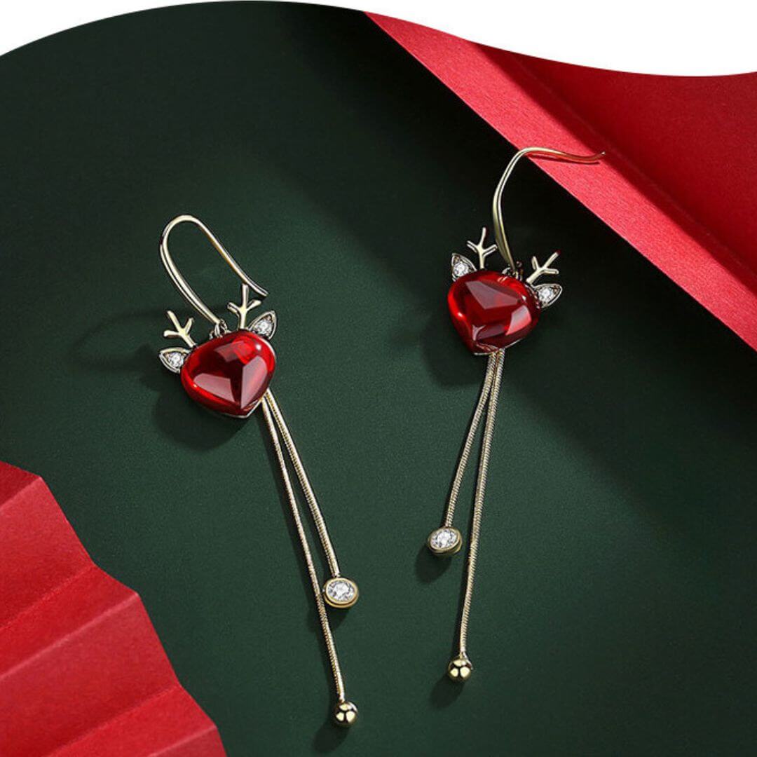 Ruby Corundum Reindeer Dangle Drop Tassel Fringe Christmas Earrings | DC002 | Perfect Holiday Party Accessory & Festive Gift