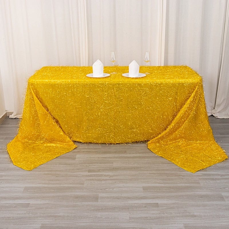 90x156 Inch Elegant Polyester Rectangular Tablecloth with Shimmering Metallic Tinsel Trim - Perfect for Wedding Banquets, Holiday Parties & Formal Dining Decorations
