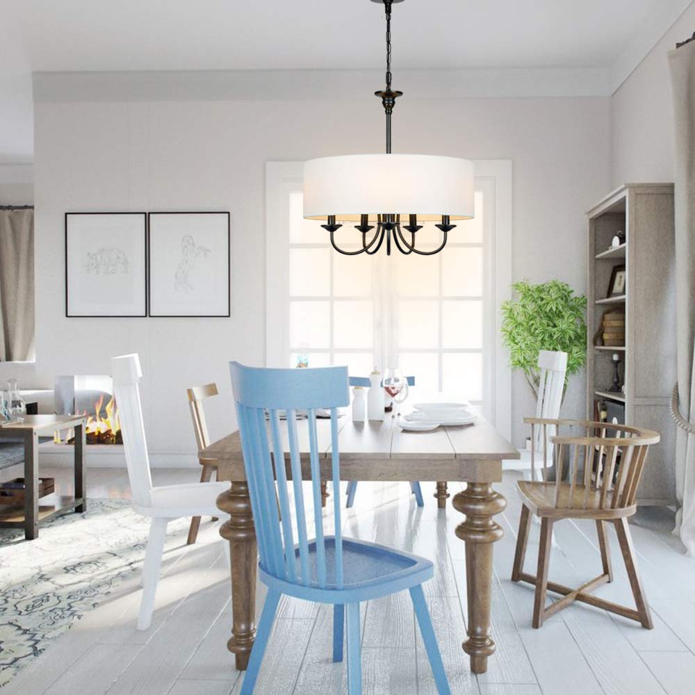 T&A Traditional 5-Light Chandelier with White Linen Drum Shade - 20