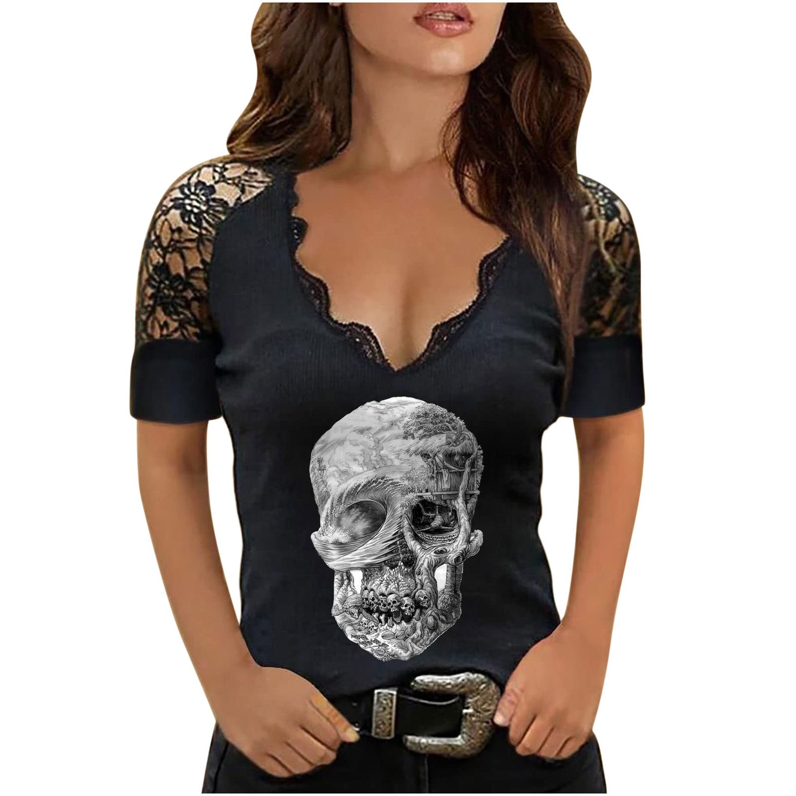 Women's Lace Summer Tops & Skull Graphic Tees - Short Sleeve V-Neck Casual Shirts | Perfect for Beach Outings, Music Festivals, and Everyday Wear