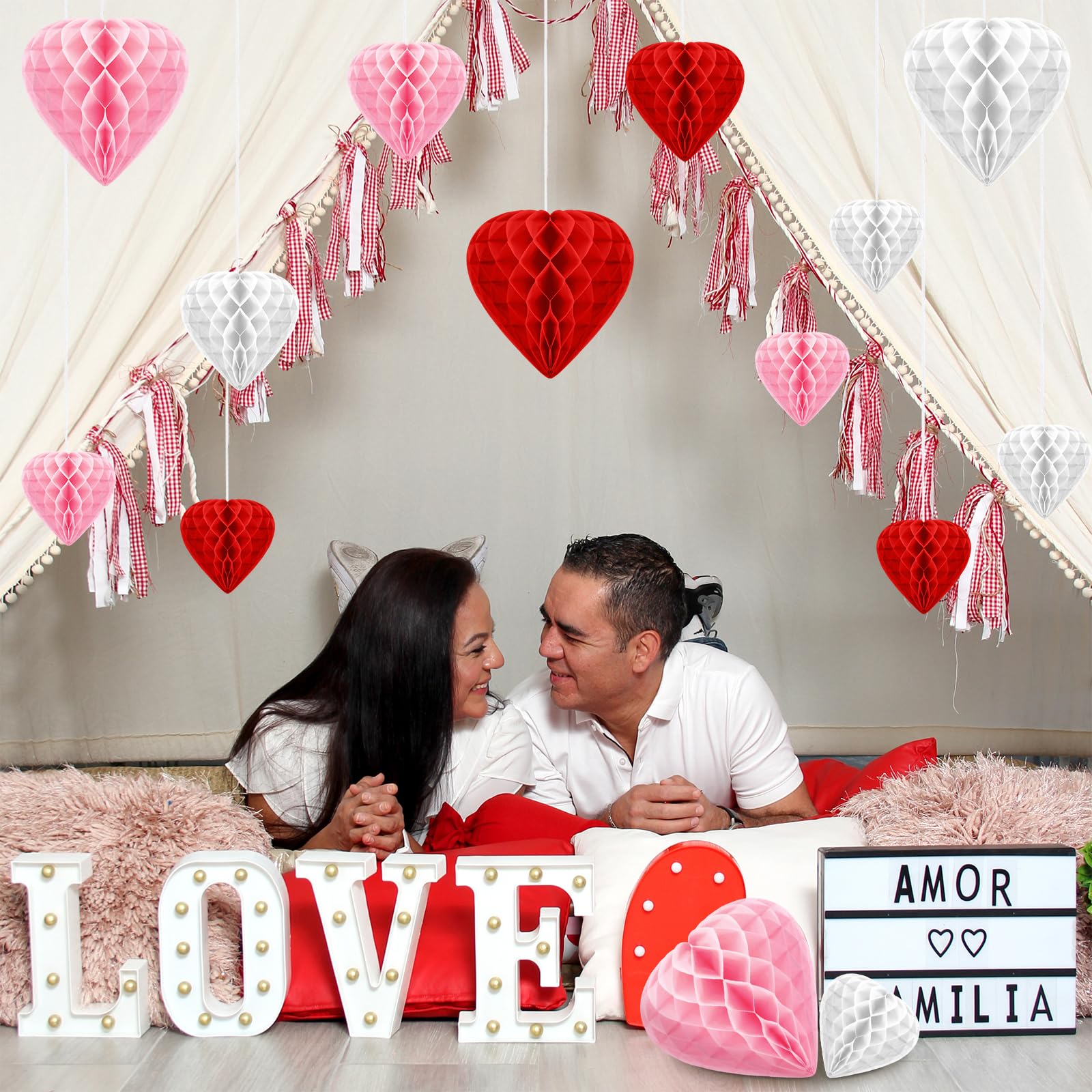 12 Pcs Valentine's Day Heart Shaped Honeycomb Ball Decorations - Red Paper Pom Poms Hanging Pendants for Wedding, Bridal Shower, Party & Photo Backdrop Ceiling Decor (Perfect for Romantic Proposals, Anniversary Celebrations & Home Decoration)