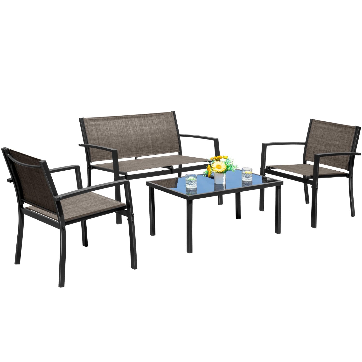 Devoko 4-Piece Outdoor Patio Furniture Set - Brown Wicker Garden Conversation Set with Tempered Glass Coffee Table for Poolside, Lawn, Porch & Backyard Relaxation