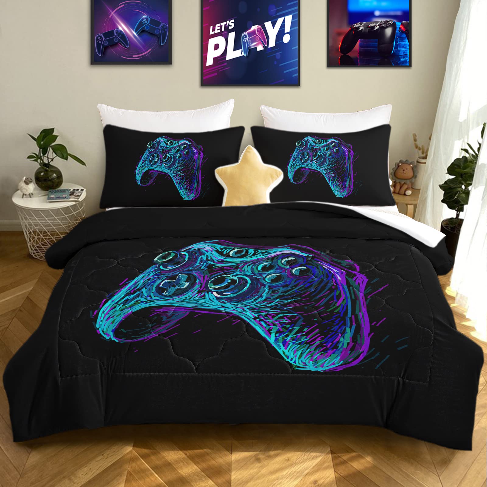 BEDMUST Black Boys Gaming Comforter Set - Twin Size Game Controller Print Bedding with 1 Comforter & 2 Pillow Shams - Soft & Comfortable for Teen Gamers - Perfect for Gaming Rooms & Sleepovers