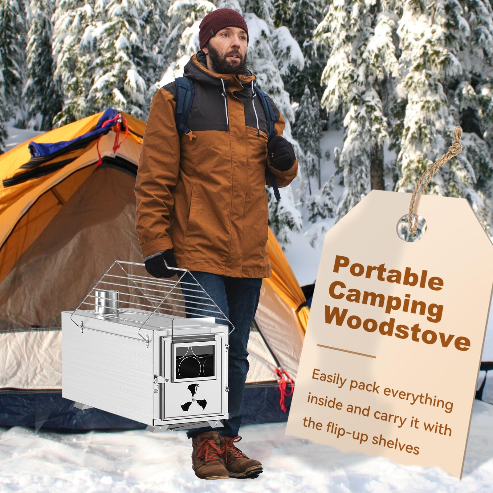 Portable Camping Wood Burning Stove - 7-Piece Stainless Steel Chimney Pipe Hot Tent Stove with Foldable Shelves | Outdoor Heating & Cooking Stove for Camping, Hunting, Ice Fishing Shanty & Survival Gear