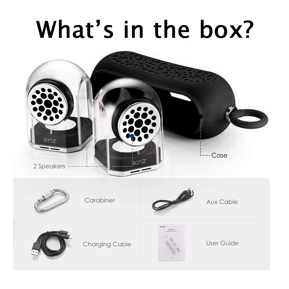 KNZ GoDuo Wireless Bluetooth Speakers - Magnetic Connectable Base, True Stereo Sound with Deep Bass, IPX7 Waterproof & Shockproof, 18-Hour Playtime, Built-in Mic, Includes Protective Case (Black) - Perfect for Outdoor Adventures, Pool Parties & Travel