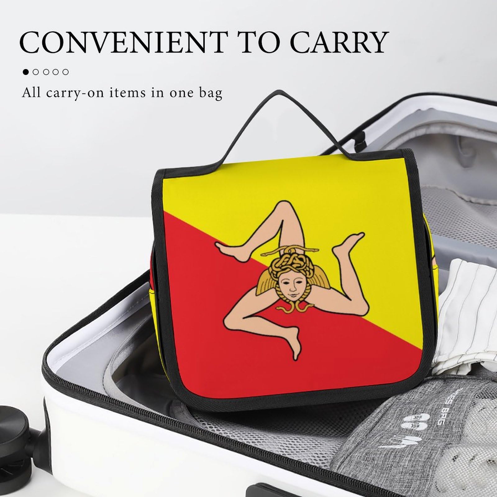 Travel Toiletry Bag with Sicily Flag Print - Waterproof Cosmetic Organizer, Portable Makeup Bag with Hook for Women | Perfect for Vacation, Gym & Daily Use