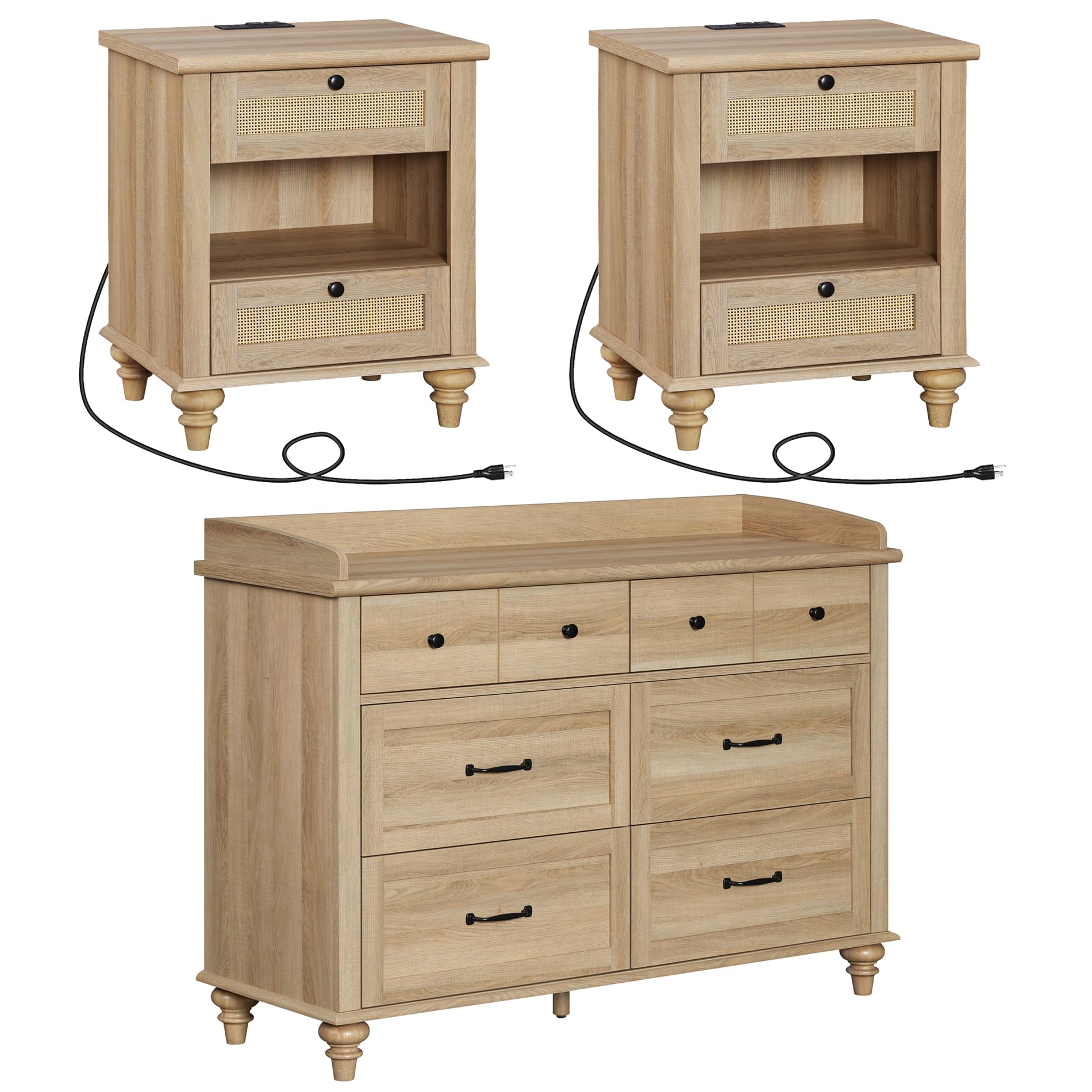 WAMPAT 3-Piece Farmhouse Bedroom Set - Oak Dresser with 6 Drawers & 2 Rattan Nightstands with Charging Stations | Rustic Bedroom Furniture for Master Bedroom, Guest Room or Dorm | Storage Solution & Nightstand Convenience
