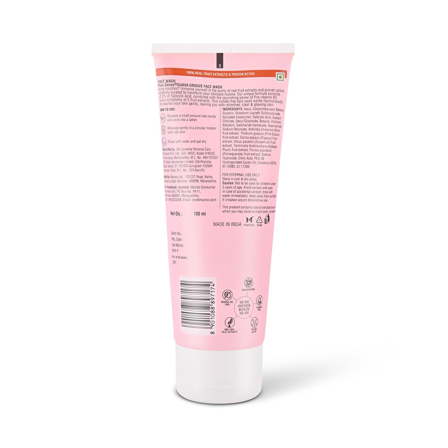 PureSense Guava Groove Face Wash with 2% Salicylic Acid | Pomegranate & Kiwi Extract | Acne Treatment & Oil Control | For Men & Women - 100ml | Daily Cleanser for Oily & Combination Skin | Perfect for Morning & Night Skincare Routine