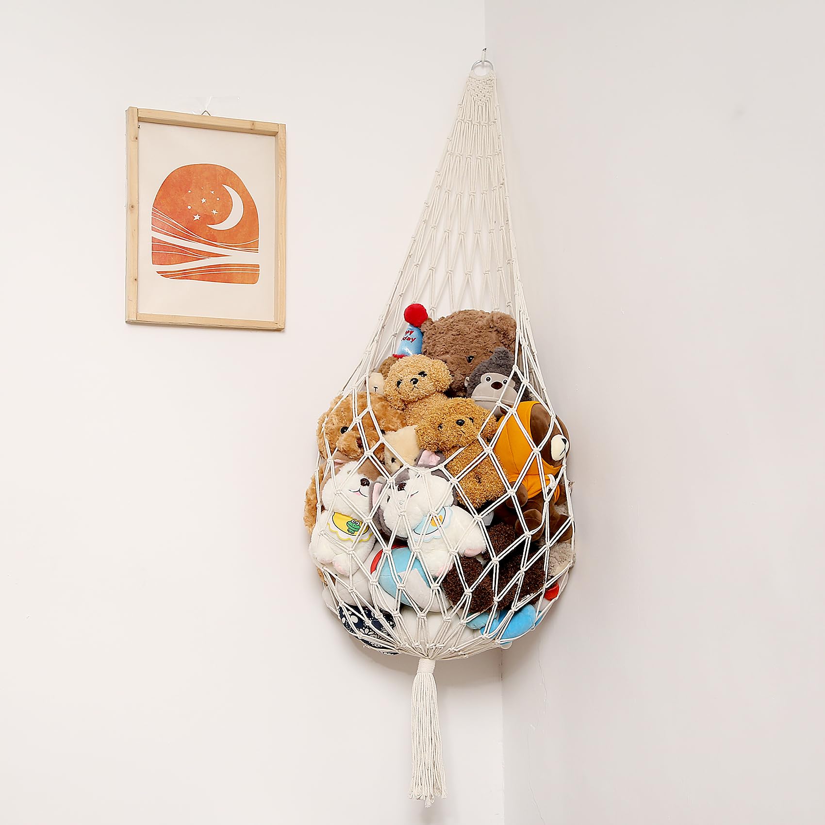 Macrame Toy Hammock - Stuffed Animal Storage Organizer, Hanging Net for Plush Toys, Boho Nursery & Kids Bedroom Decor (Cream) - Perfect for Playroom Organization & Stuffy Display