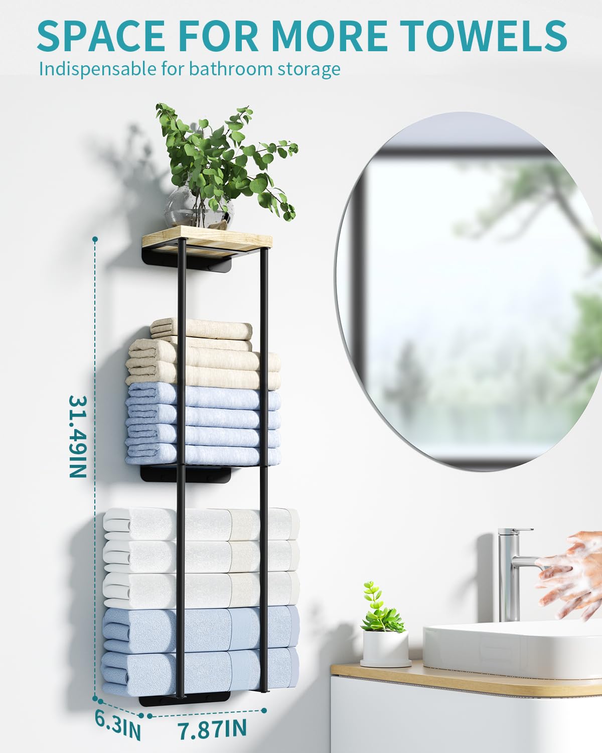 2-Tier Wall Mounted Towel Rack with Wood Shelf - Bathroom Organizer & Storage Space Saver - Black Metal Towel Holder for Bath, Kitchen, Laundry Room - Perfect for Small Spaces & Home Decor