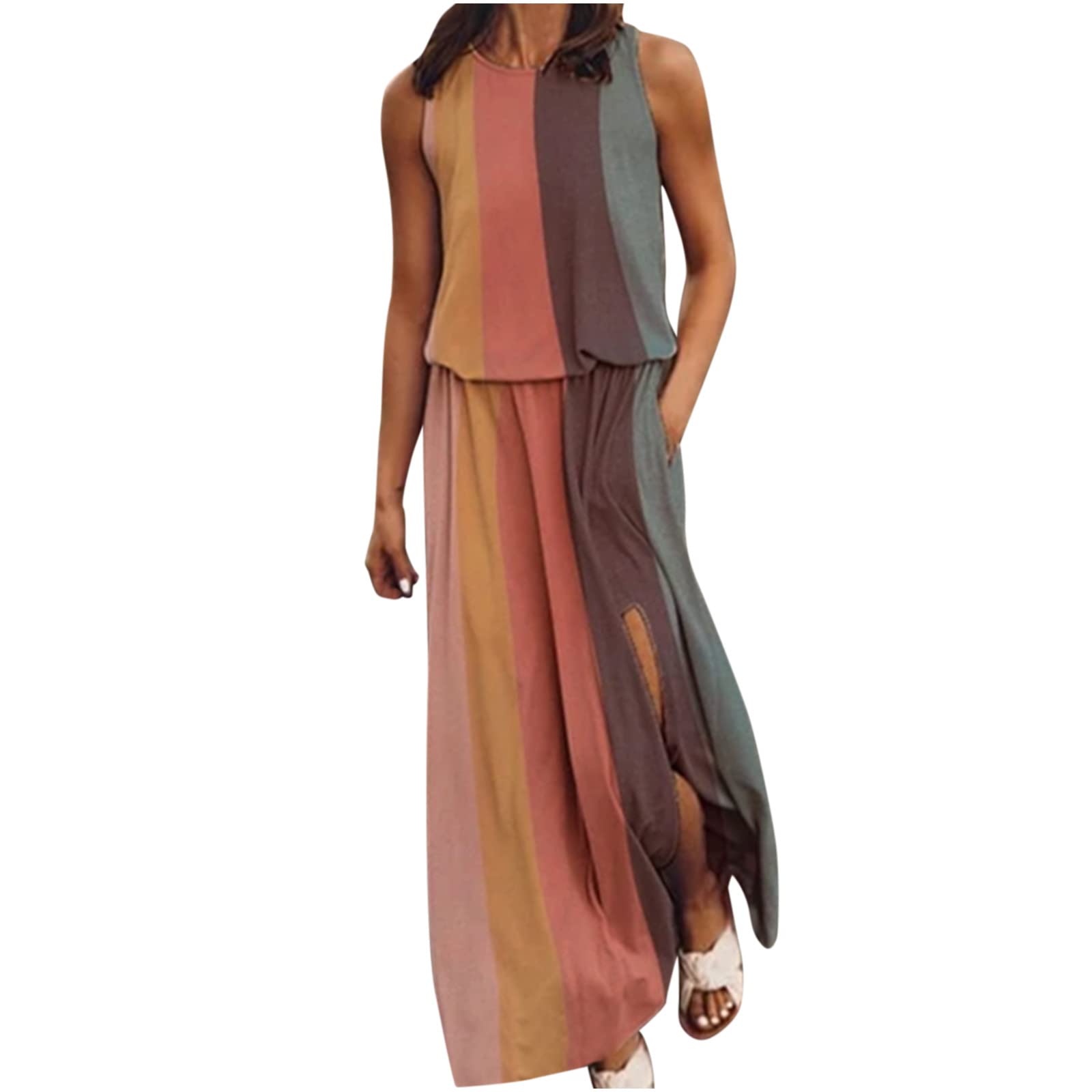 Plus Size Summer Dresses for Women - Sexy Sleeveless Printed Patchwork Maxi Dress with Round Neck | Casual Beach Wear, Vacation Outfits & Party Dresses