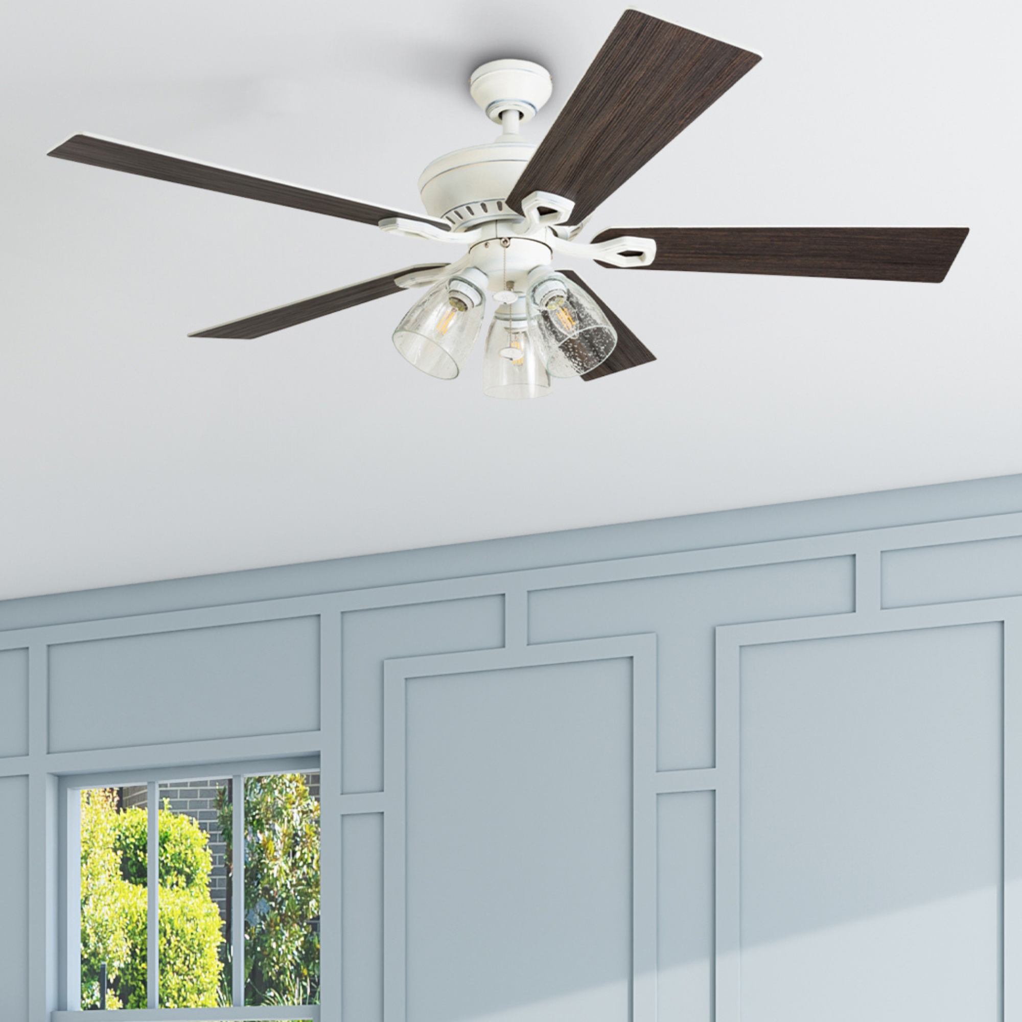 52 Inch Glenmont Distressed White Ceiling Fan with Pull Chain - Perfect for Living Room, Bedroom, and Outdoor Patio Cooling