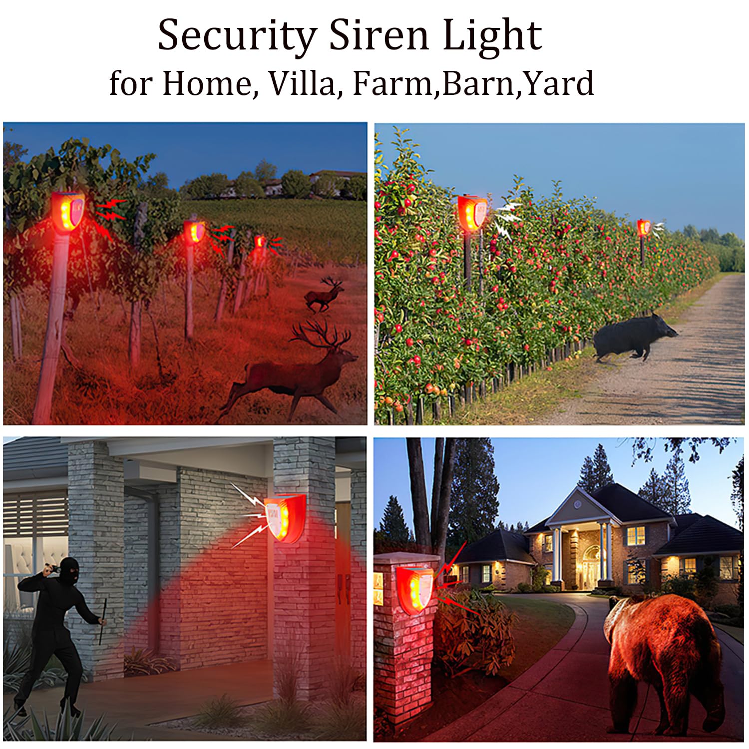 Solar Motion Sensor Alarm Outdoor - 129dB Loud Security Light with Dog Barking & Gunshot Sound, Strobe Warning & USB Charging | Ideal for Home, Villa, Farm, Barn, Yard Protection & Intruder Deterrence