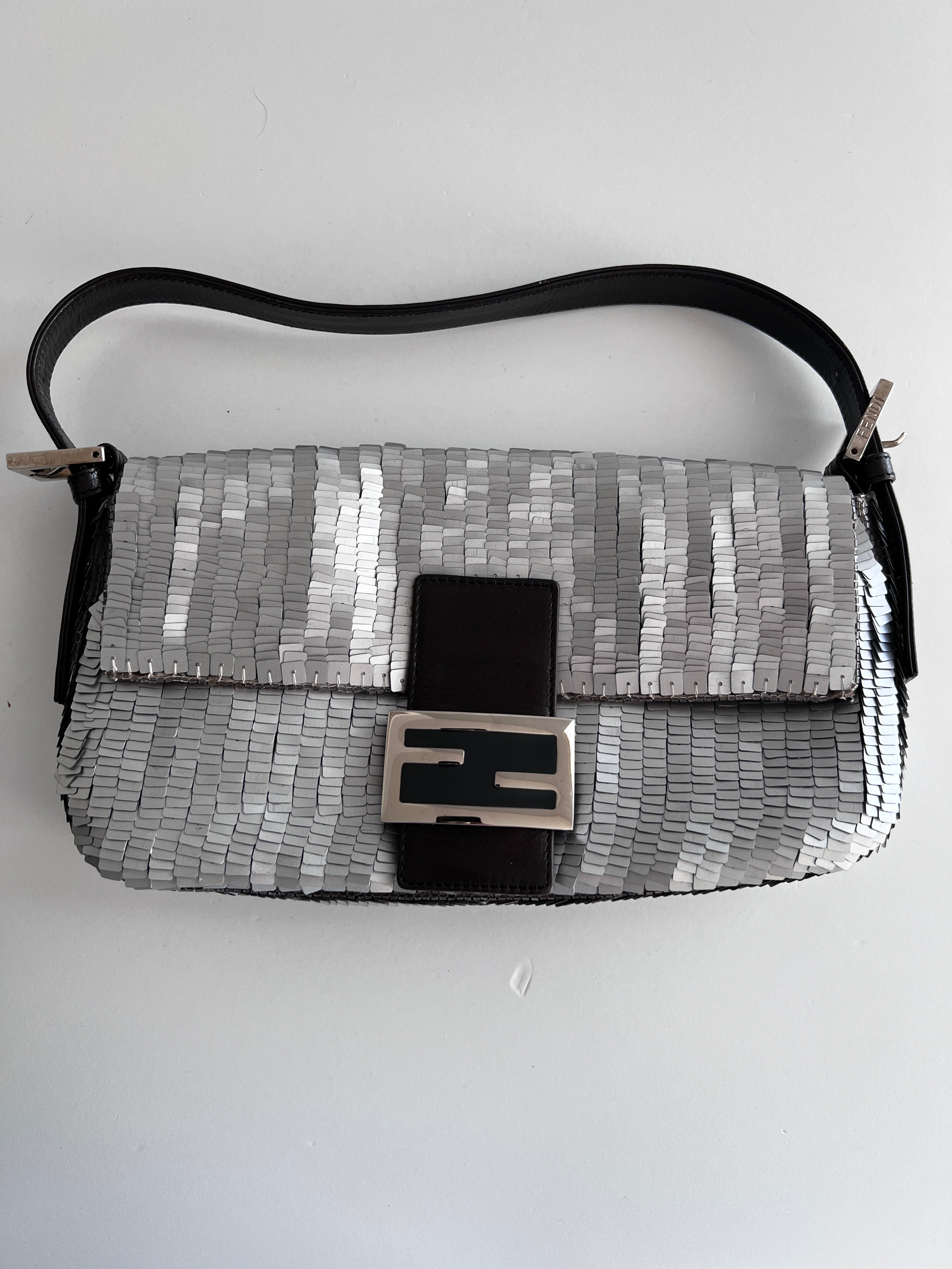 Vintage Fendi Silver Sequin Baguette Handbag - Luxury Designer Shoulder Bag for Women | Perfect for Evening Parties, Weddings & Special Occasions