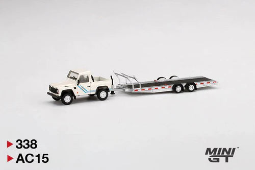 MINIGT 1:64 Scale Land Rover Defender 90 Pickup Truck with Car Hauler Trailer - Diecast Model Car for Collectors, Kids Gift, and Off-Road Adventure Display