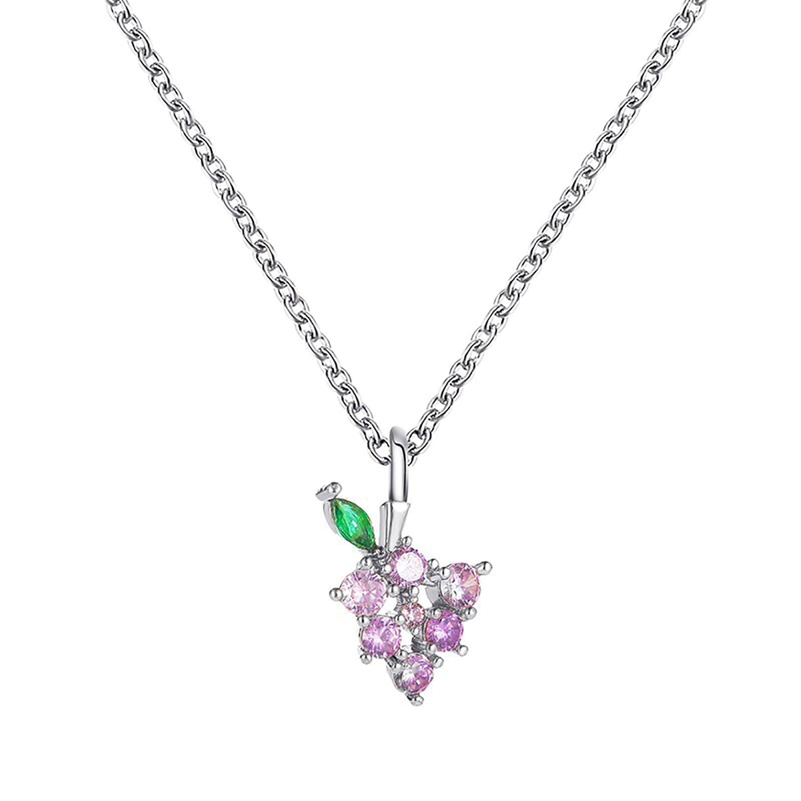Johtae Fresh Small Cute Pendant Diamond Fruit Crystal Grape Necklace Silver Layered Necklaces for Women - Perfect for Daily Wear, Parties & Gifts