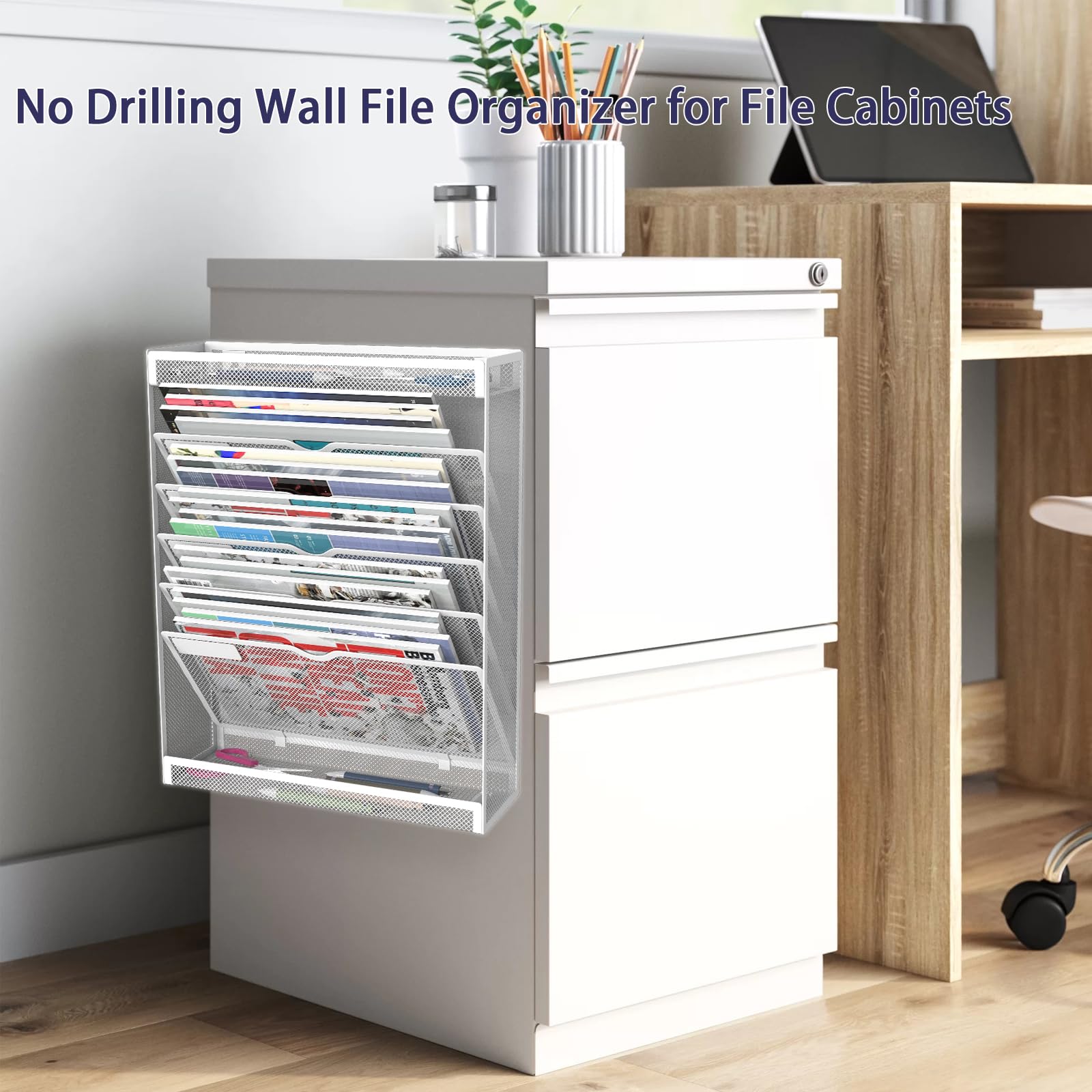 7-Tier Magnetic File Organizer - No Drilling Wall Mount for Office, Classroom & Home - Fits Whiteboards, Refrigerators & File Cabinets - Space-Saving Hanging Paper Folder Holder (White) - Perfect for Document Organization & Workspace Decluttering