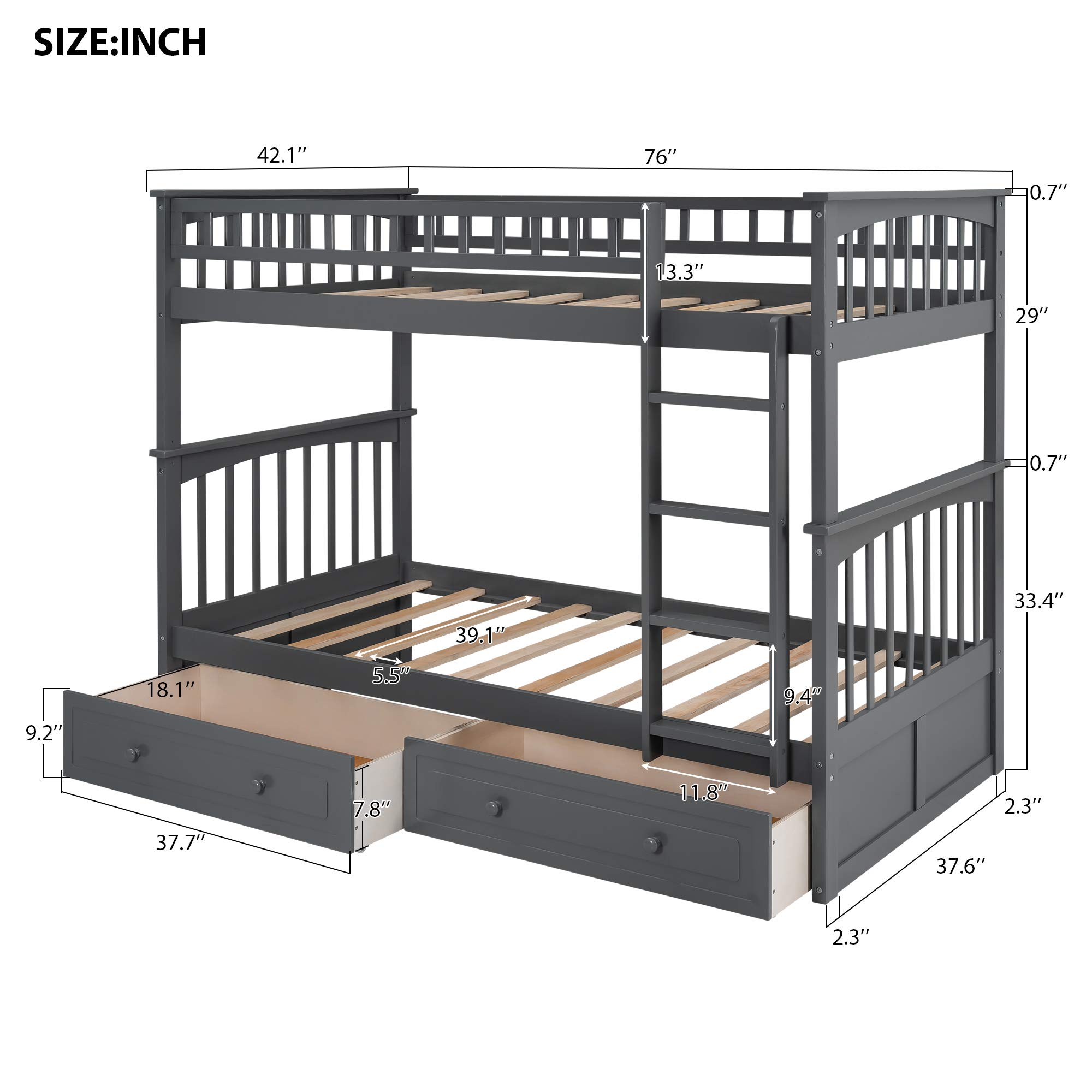 Twin Over Twin Bunk Bed with Drawers & Storage | Convertible Wood Bunk Bed with Ladder & Safety Guardrail for Kids & Teens | Space-Saving Grey Bed for Small Rooms, Dorms & Guest Bedrooms