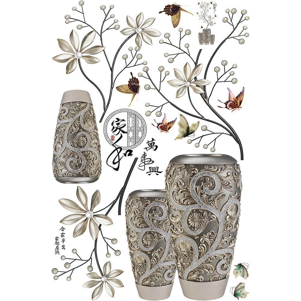 Exotic Flower Vase with Faux Butterfly Wall Stickers - Modern Chinese Letter Design Home Decor for Living Room | Colorful Wall Decals for Bedroom & Office Decor