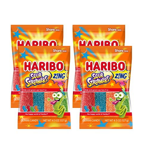 Haribo Sour Streamers Gummy Candy - Pack of 4 (4oz to 5oz Bags) | 20 Flavor Options | Perfect for Parties, Snacking & Halloween Treats