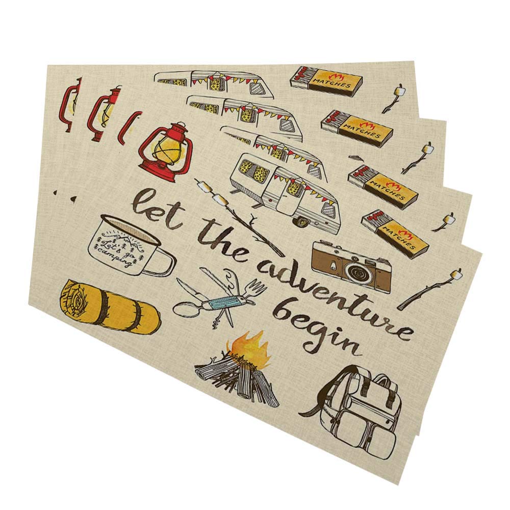 Vintage Camping Table Mats Set of 4 - Washable Fabric Placemats for Dining Table with Campfire, Lantern & Camper Van Designs | Perfect for Outdoor Picnics, RV Trips & Cozy Cabin Dining