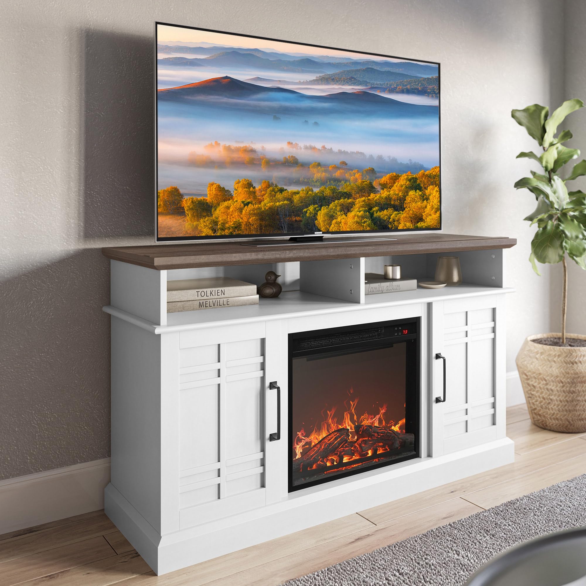 BELLEZE 48 Inch TV Stand with 18 Inch Electric Fireplace Heater - Modern Entertainment Center for 50 Inch TVs - Open Shelves & Storage Cabinets - Perfect for Living Room, Bedroom & Home Theater (White)