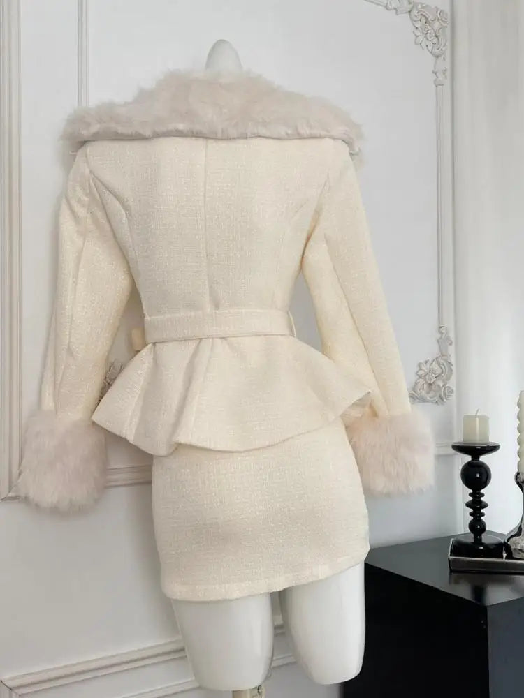 2024 New Women's Autumn Winter Retro Beige Plush Wool Coat & Floral Mini Skirt Two-Piece Set - Warm Office Outfit & Holiday Party Dress