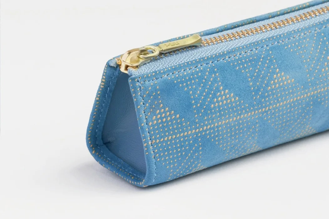 Japanese Traditional Koshu Inden Deerskin Leather Pencil Case - Upside Down Mt. Fuji Light Blue Design | Handmade in Japan | Perfect for School, Office & Gift Giving