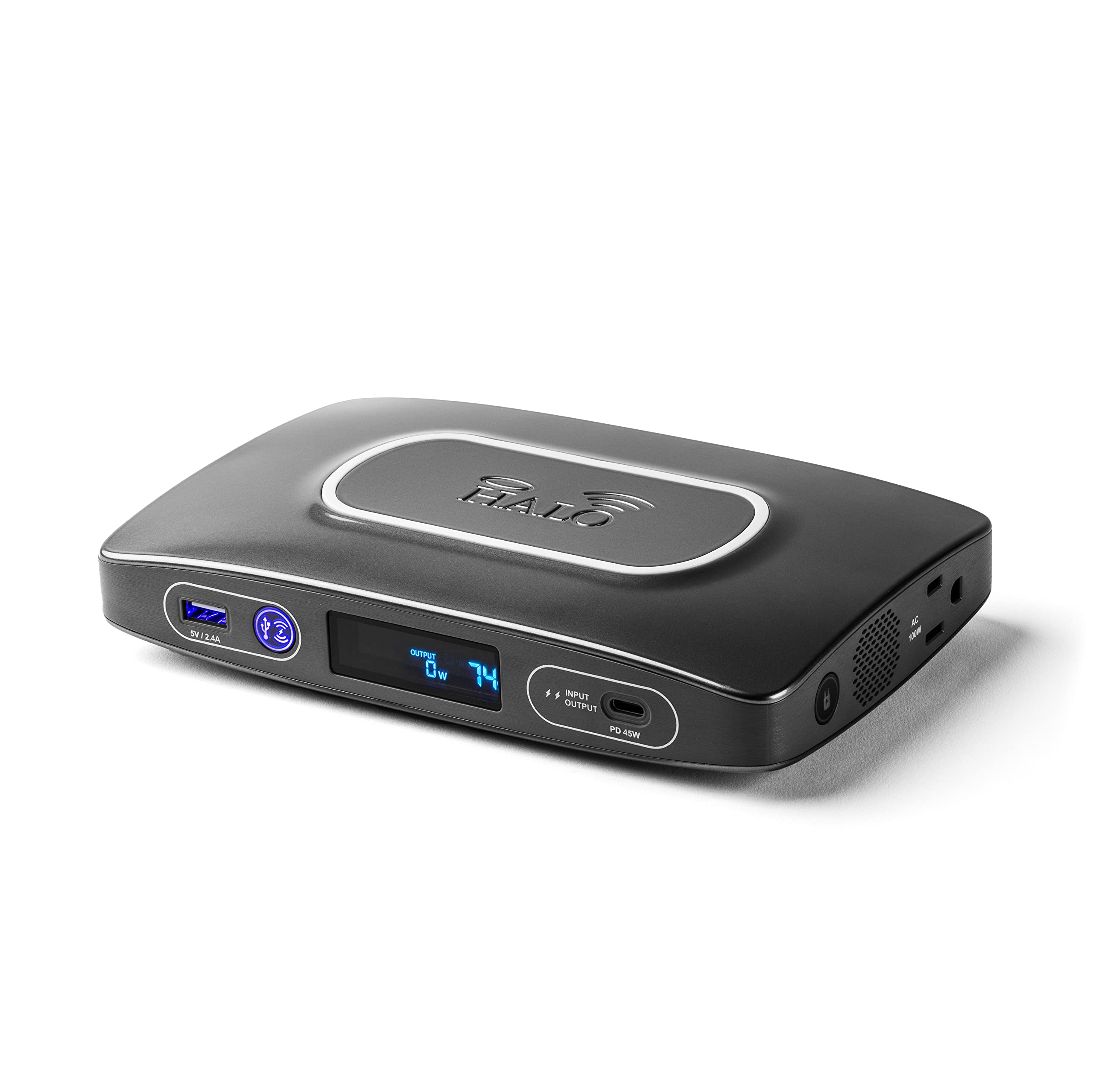 Halo Power Station 100 - 100W Portable Power Bank with 110V AC Outlet, USB Ports & Wireless Charger | Compact & Carry-On Approved for Travel, Camping, Emergencies | Stone Grey Charging Station for Phones, Laptops & Small Devices