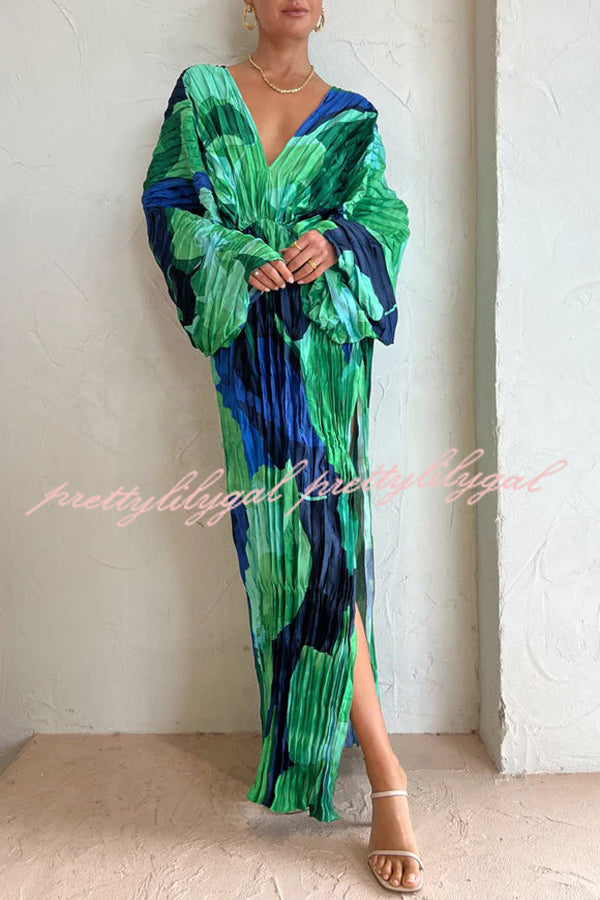 Tropical Oasis Capri Print Kimono Sleeve Pleated Cocoon Maxi Dress | Flowy Beach Cover Up & Summer Vacation Outfit for Women | Perfect for Pool Parties, Resort Wear & Boho Fashion