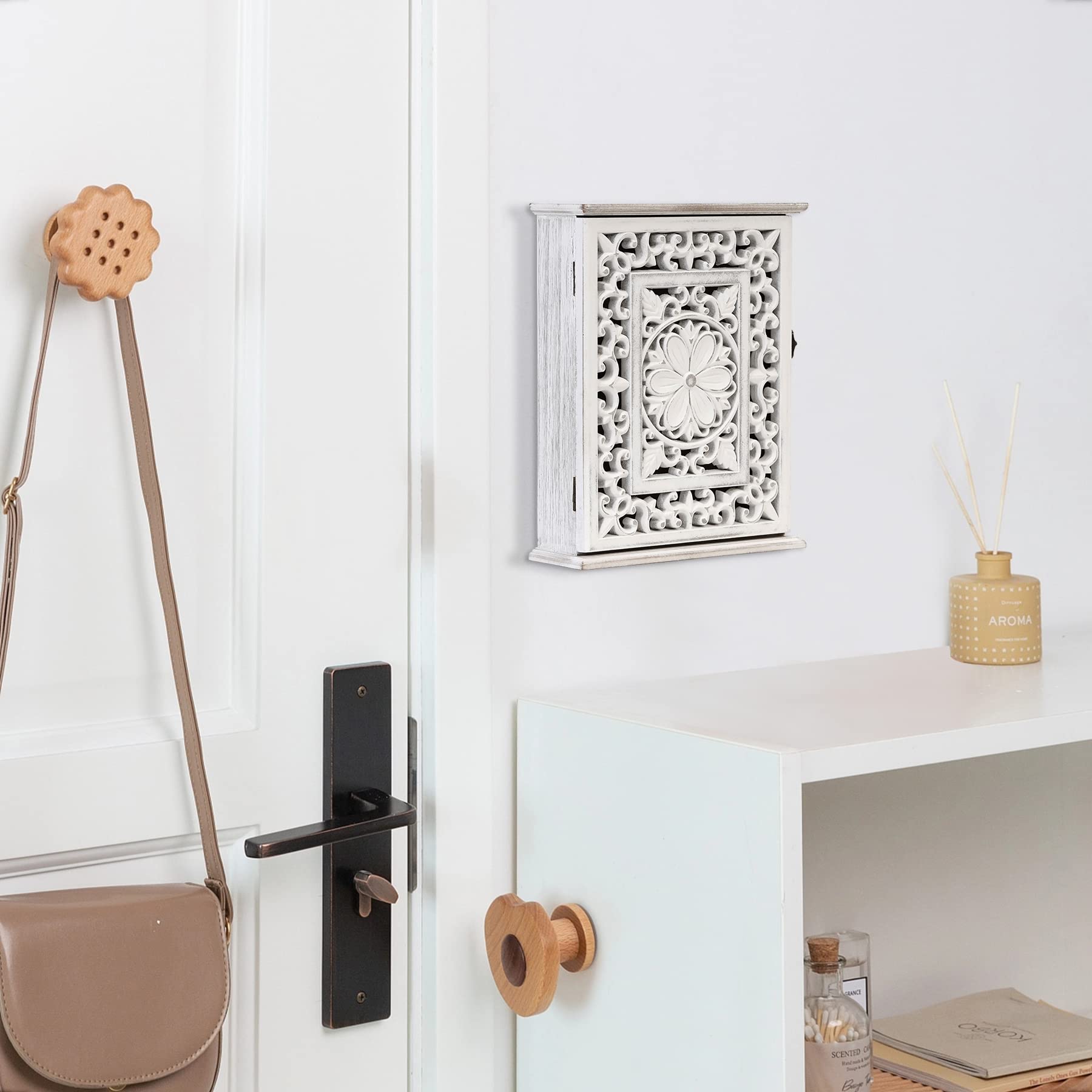 Rustic Wooden Wall Key Holder with 6 Hooks - Key Box & Cabinet Organizer for Home, Office, Entryway, Hallway | Perfect for Bedroom, Living Room & Mudroom Organization