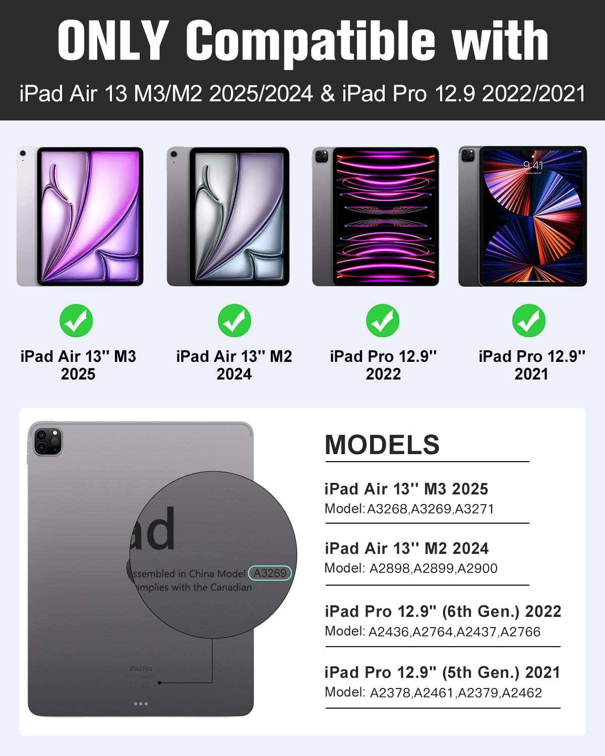 MoKo iPad Air 13 inch Case (M3 2025/M2 2024) & iPad Pro 12.9 Case 6th/5th Gen (2022/2021) - Ultra-Thin Protective Cover with Apple Pencil Holder, Trifold Stand, Auto Wake/Sleep - Perfect for Work, Travel & Home Use - Black