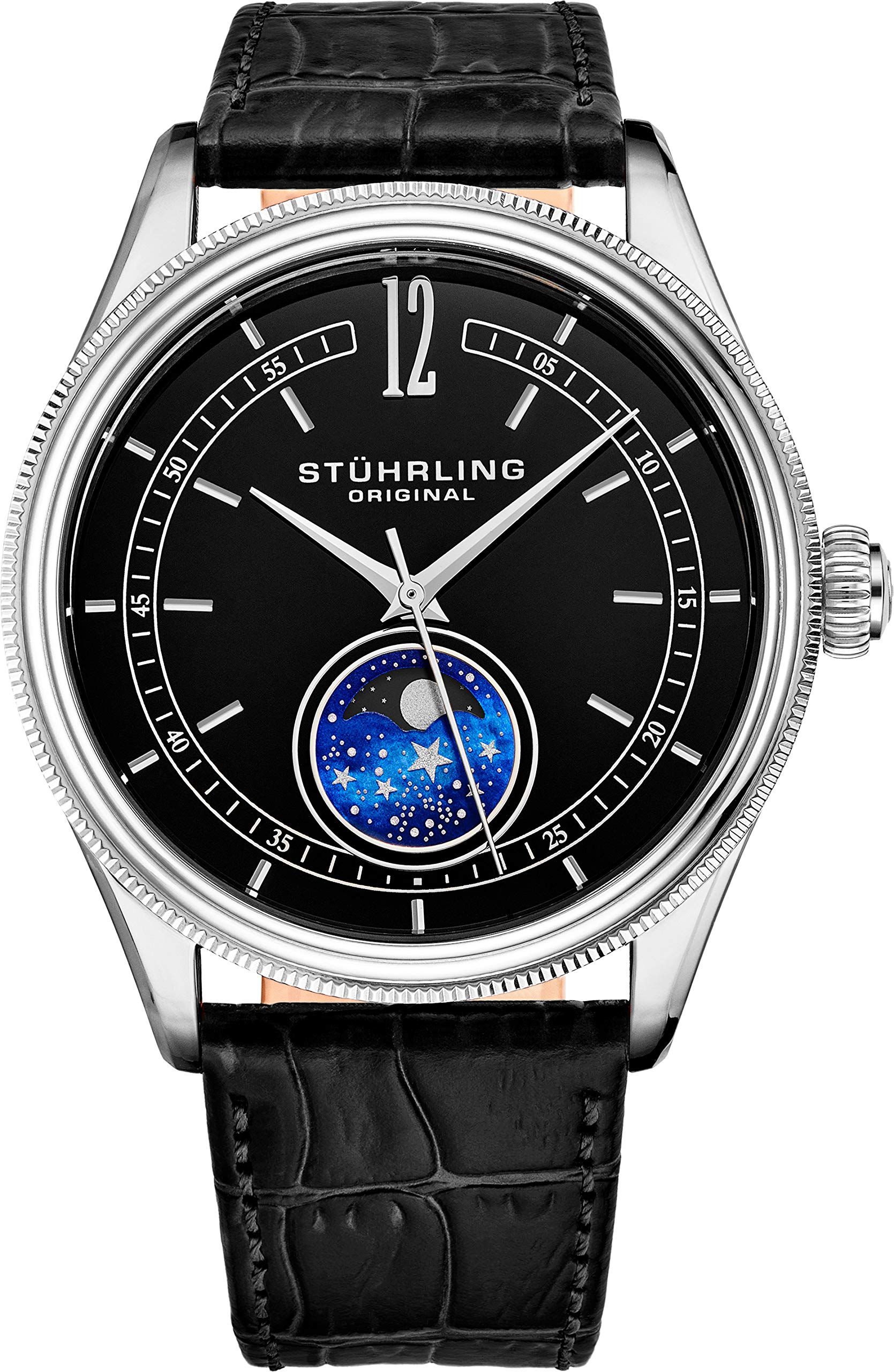 Stuhrling Original MoonPhase Dress Watch for Men - Stainless Steel Case & Genuine Leather Band - Analog Dial - Celestia Collection - Perfect for Business, Formal Events & Special Occasions