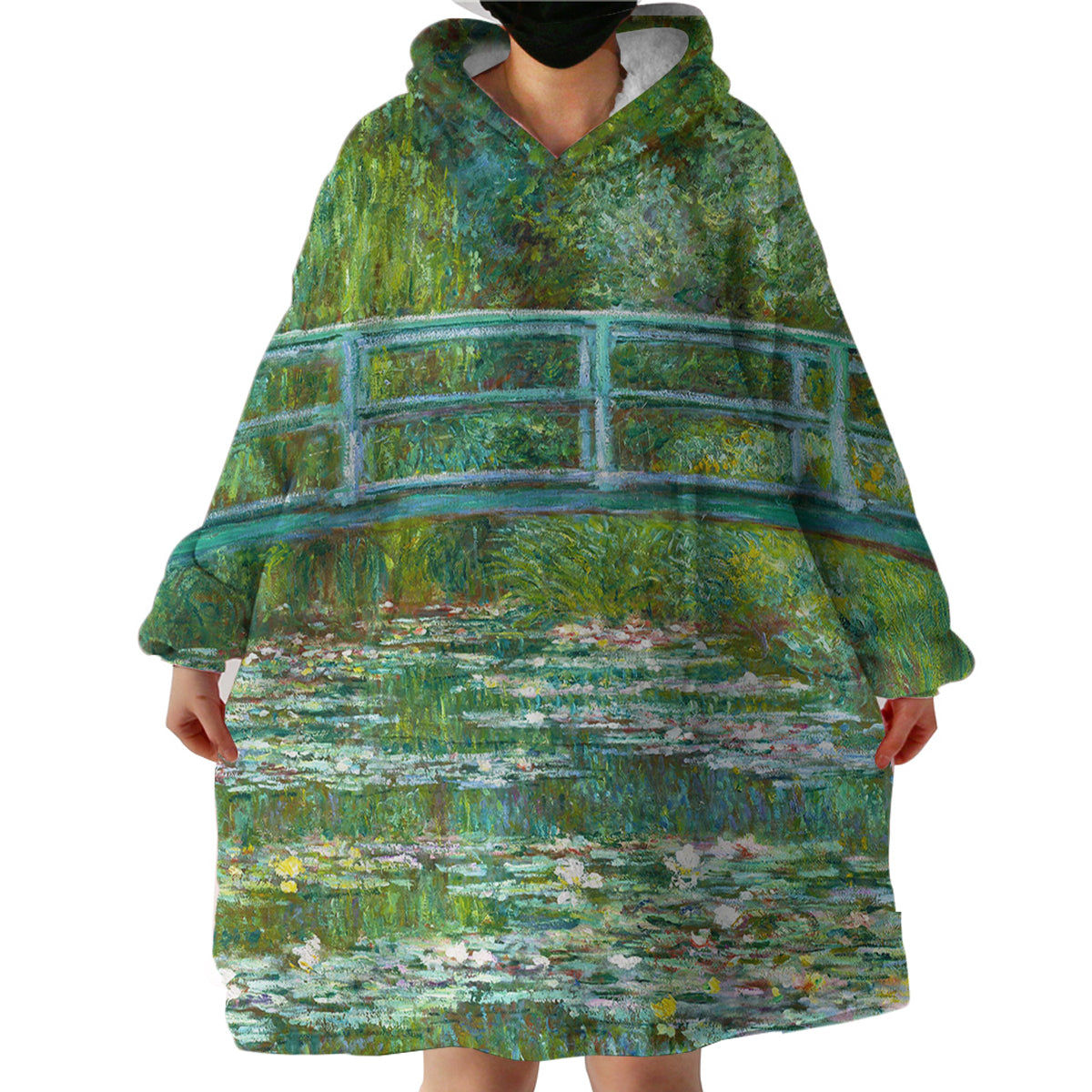 Claude Monet Water Lily Pond Print Wearable Blanket Hoodie - Soft Fleece Lounge Wear for Home, Office & Outdoor Activities