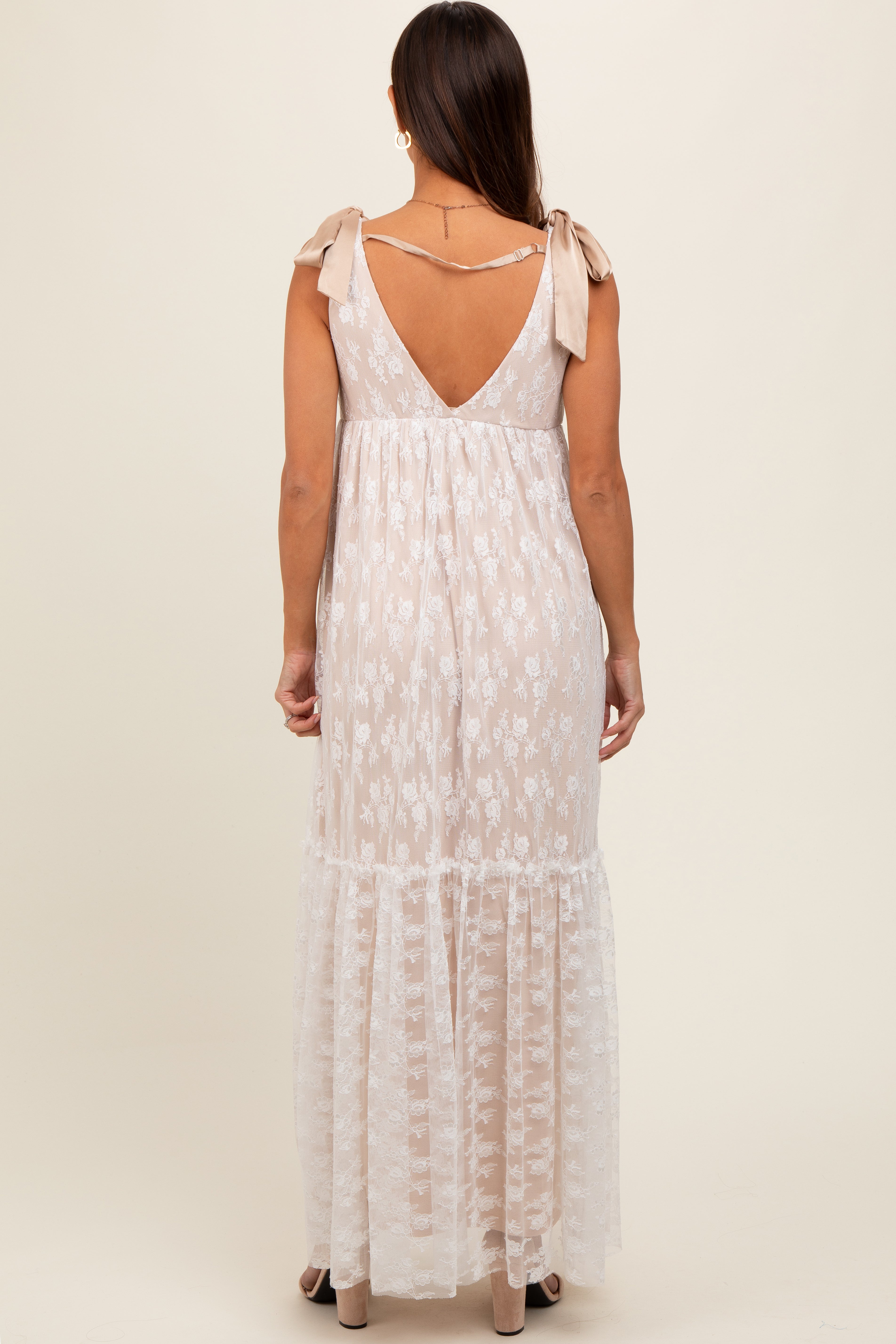 Beige V-Neck Satin Tie Lace Overlay Maternity Maxi Dress for Pregnancy Photoshoot, Baby Shower & Special Occasions