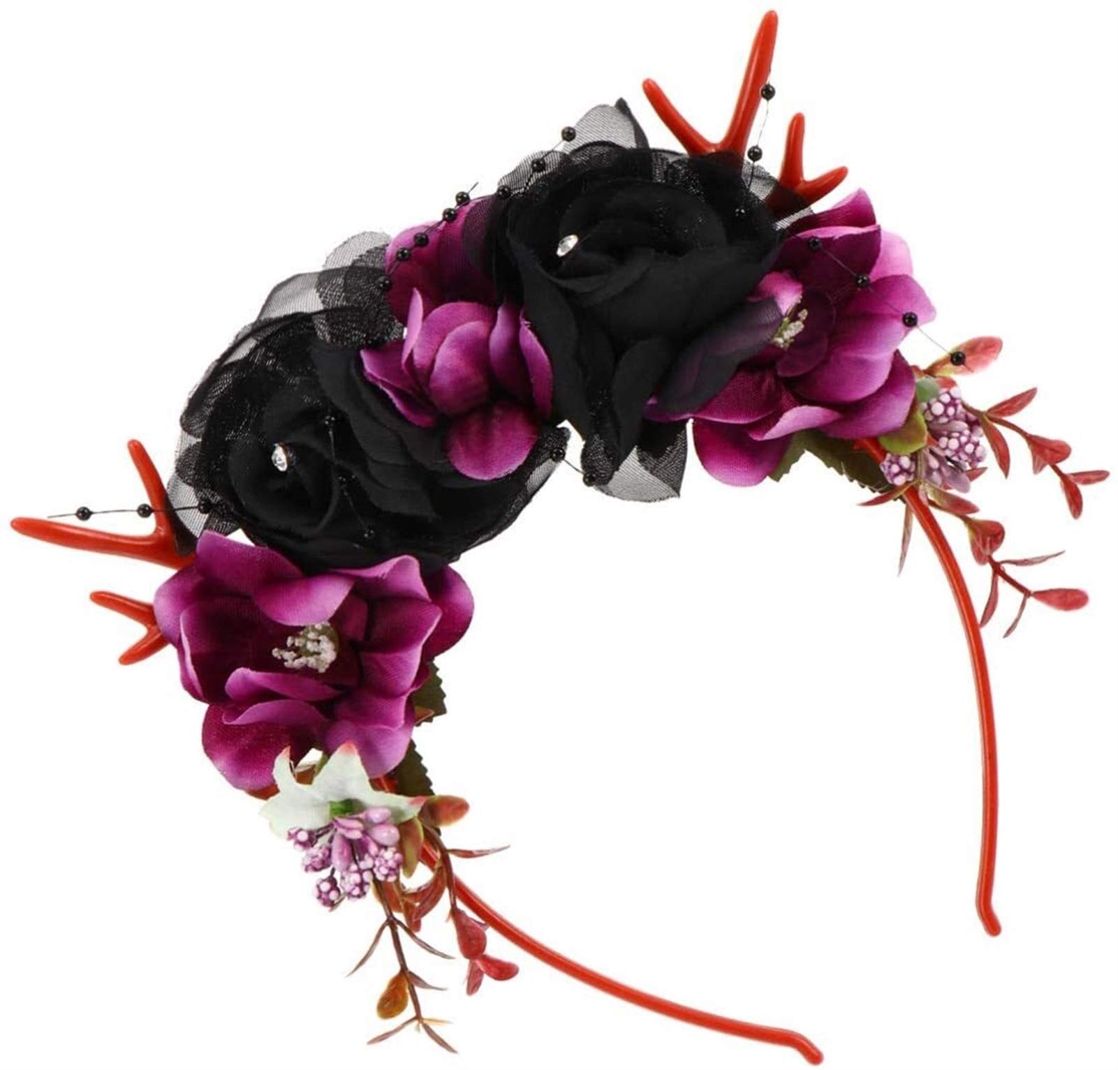 AnimeFiG Christmas Flower Headband with Elk Antlers - Rose Hair Hoop for Women & Girls - Purple Hair Accessories for Halloween, Cosplay, Masquerade Parties & Festive Celebrations
