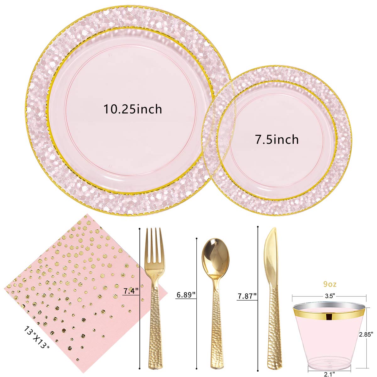 NERVURE 175-Piece Pink Gold Rim Disposable Plastic Tableware Set - 25 Dinner Plates, Dessert Plates, Forks, Knives, Spoons, Cups & Napkins - Perfect for Parties, Weddings, Picnics & Events