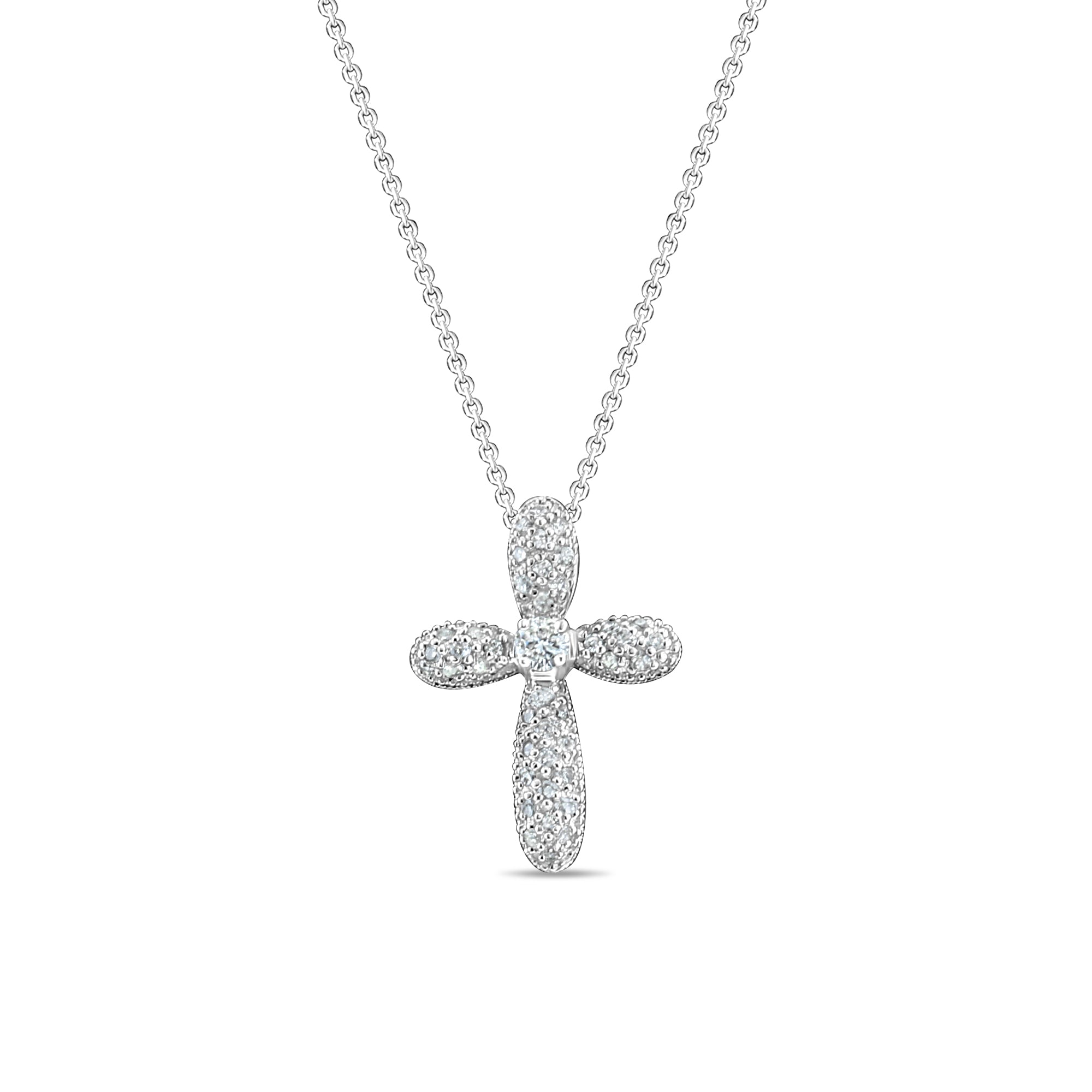14K White Gold Pave Bubble Diamond Cross Pendant Necklace - 0.54cttw Elegant Religious Jewelry for Women, Perfect for Baptism, First Communion & Special Occasions