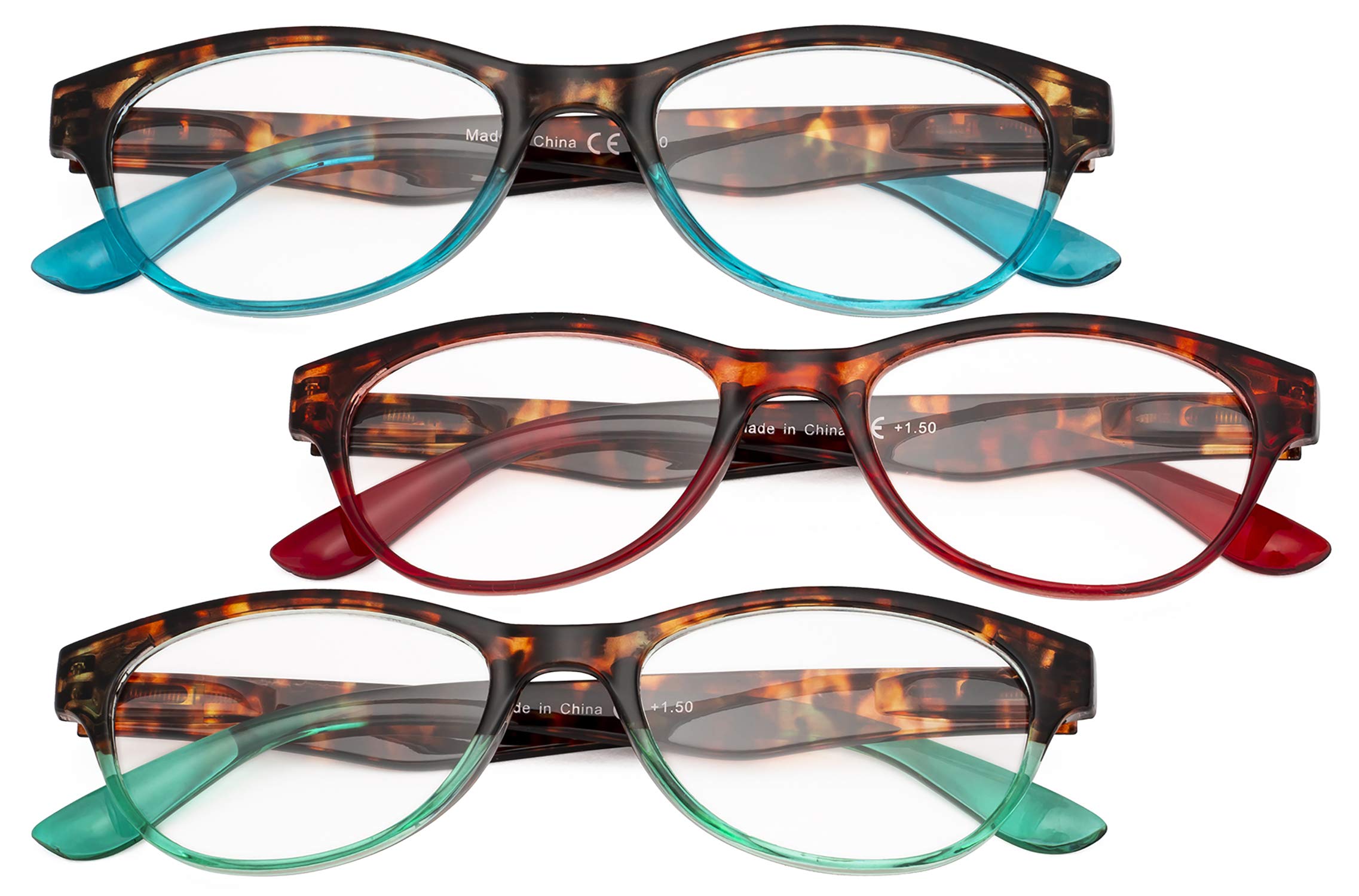 Eyekepper Cat-Eye Reading Glasses for Women - 3 Pack Spring Hinge Readers with Lightweight Frame (Black, Tortoise, Red) - Perfect for Reading, Office Work & Book Clubs