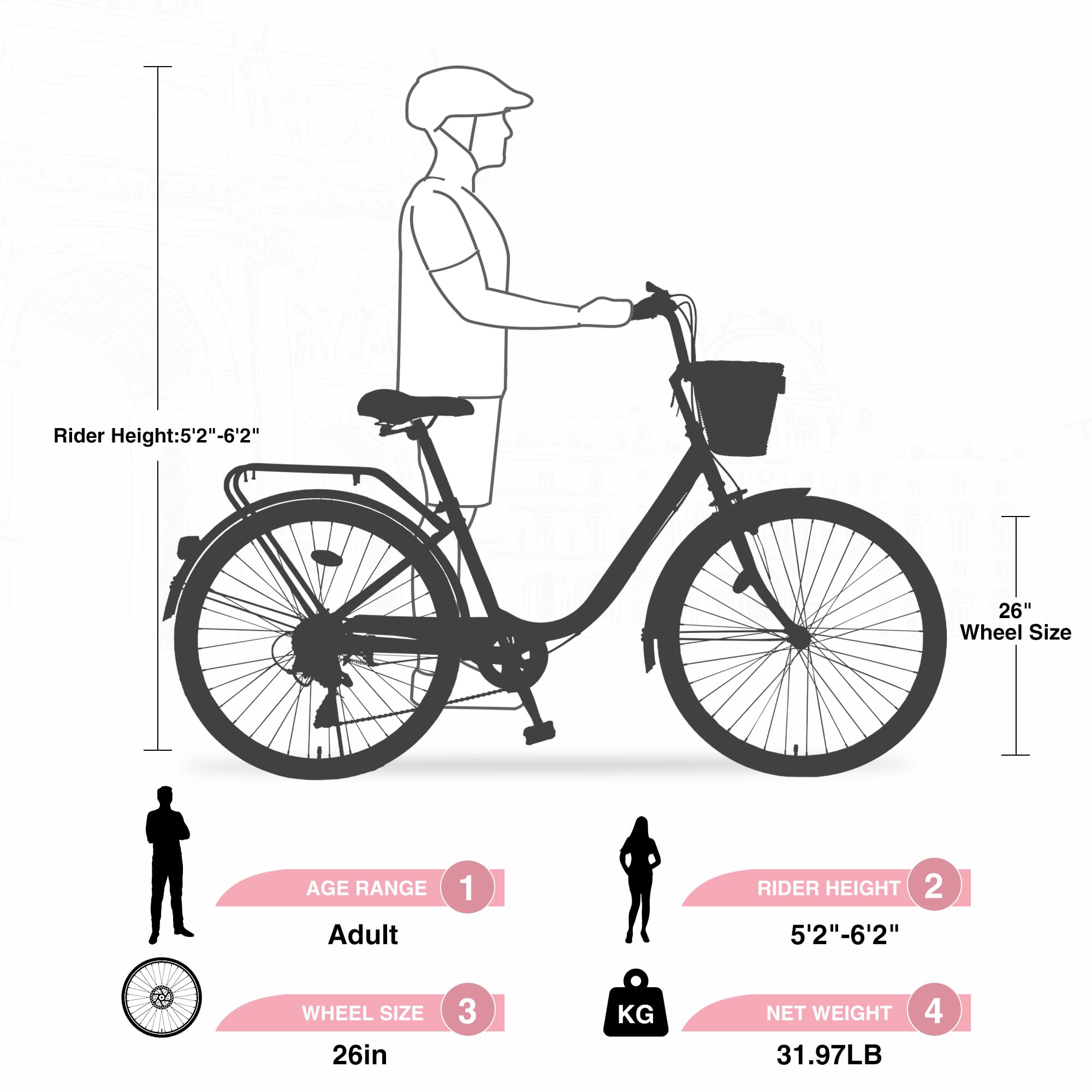 22/26 Inch Women's Beach Cruiser Bike - 7-Speed Hybrid City Bicycle for Women & Men, Commuter Bike for Adults, 4 Color Options - Perfect for Beach Rides, City Commuting & Leisure Cycling