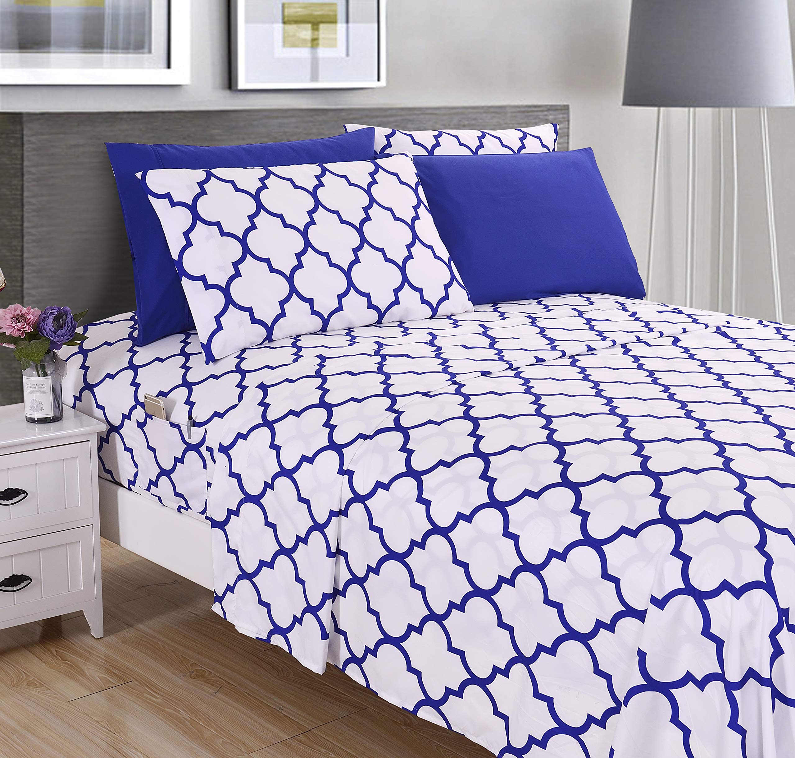 Luxury 1500 Thread Count 4-Piece Quatrefoil Printed Deep Pocket Bed Sheet Set - Ultra Soft, Wrinkle Resistant, Silky Smooth - Twin/Twin XL Size, Royal Blue - Perfect for Master Bedrooms, Guest Rooms & Dorm Decor