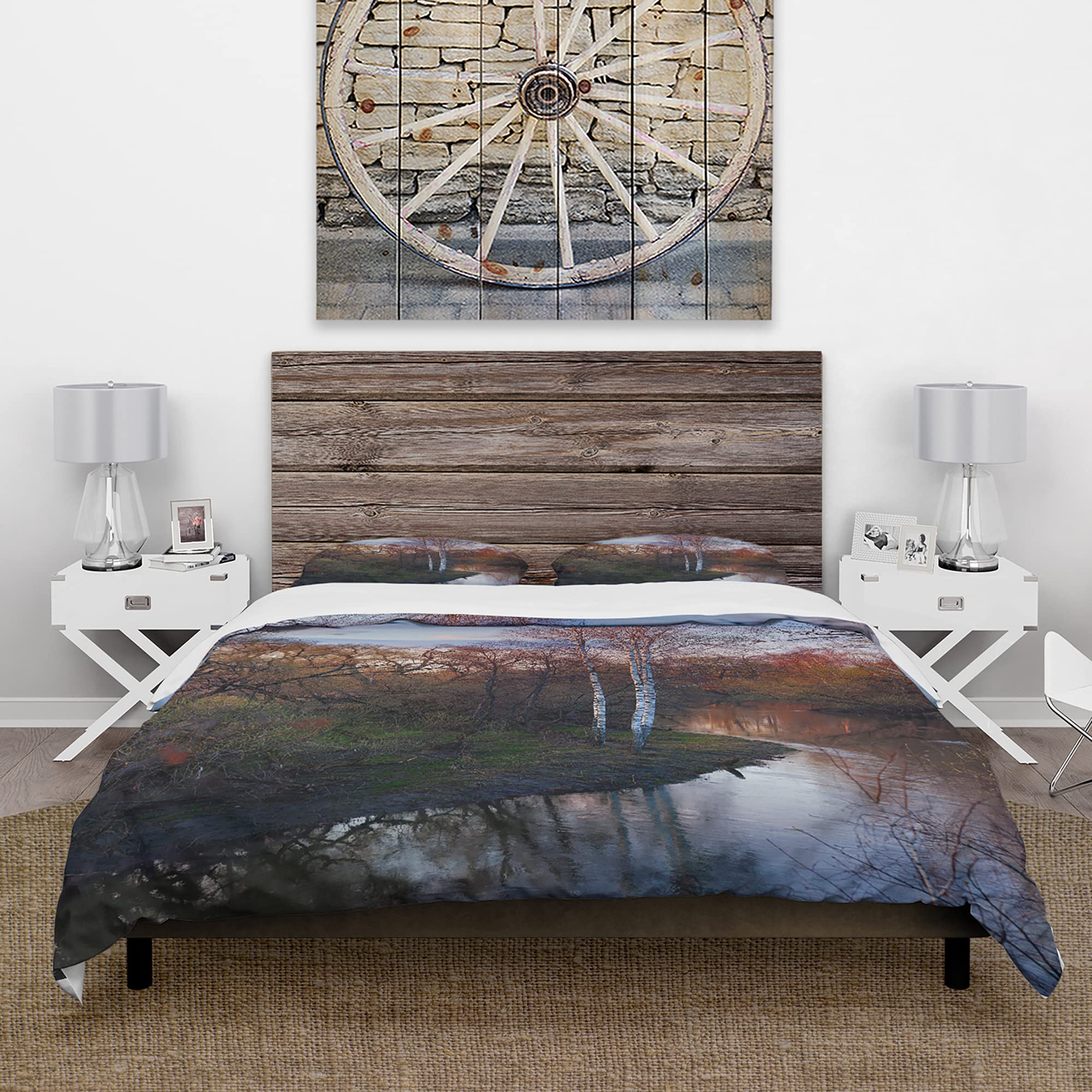 DesignQ Forest River Spring Traditional Duvet Cover Set - King Size Red Landscape Bedding 3-Piece Set | All-Season Comfort for Master Bedroom & Guest Room Decor