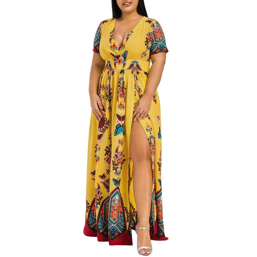 Plus Size Boho Short Sleeve Maxi Dress for Women - Floral Wedding Guest Cocktail Dress with Side Slit, Perfect for Beach Vacations & Summer Parties