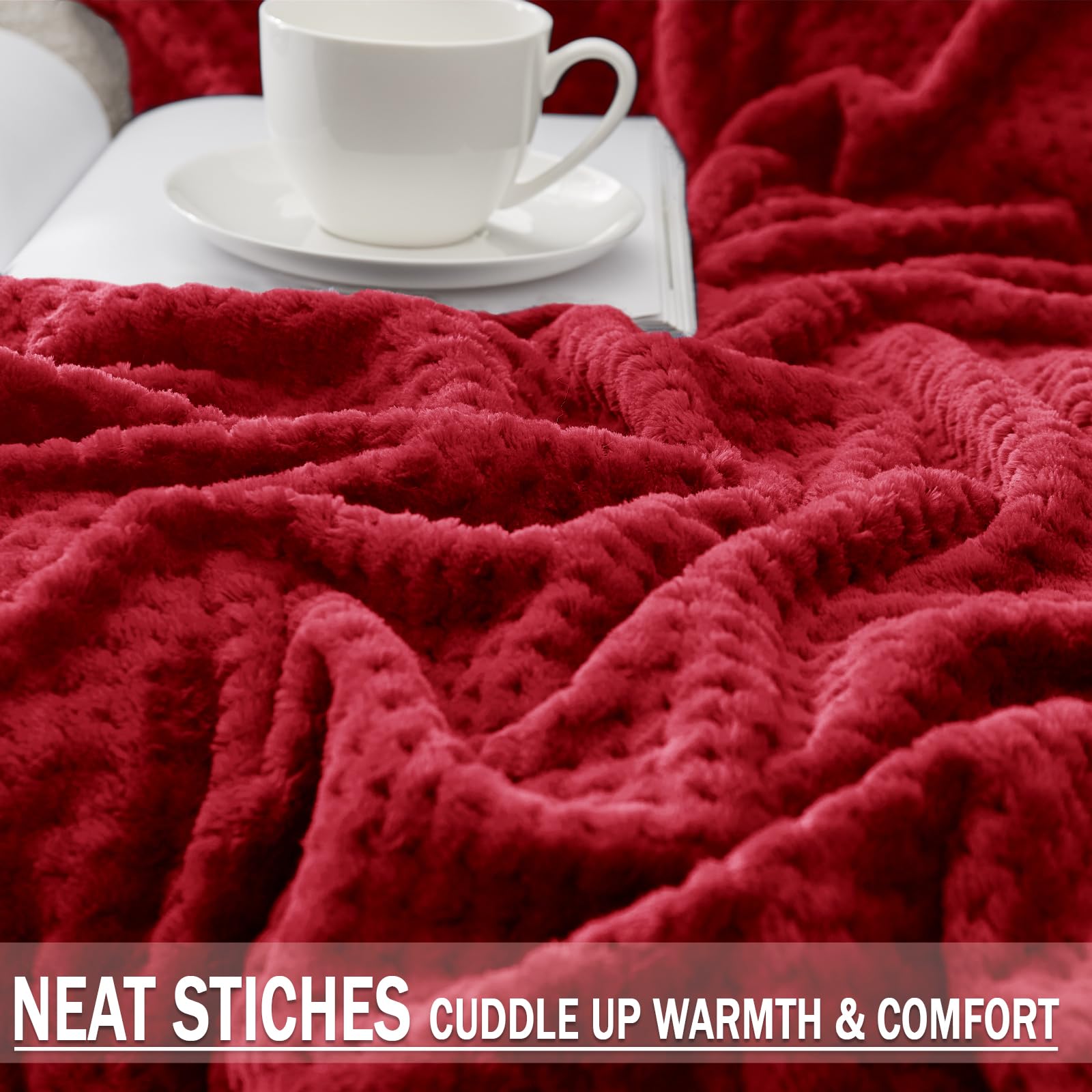 Premium Fleece Blend Queen Size Bed Blanket - Ultra Soft & Warm Waffle Textured Blanket for Couch, Sofa & Bed - Cozy, Lightweight & Fuzzy Throw (90x90 Inches, Deep Red) - Perfect for Winter Nights, Movie Time & Home Decor