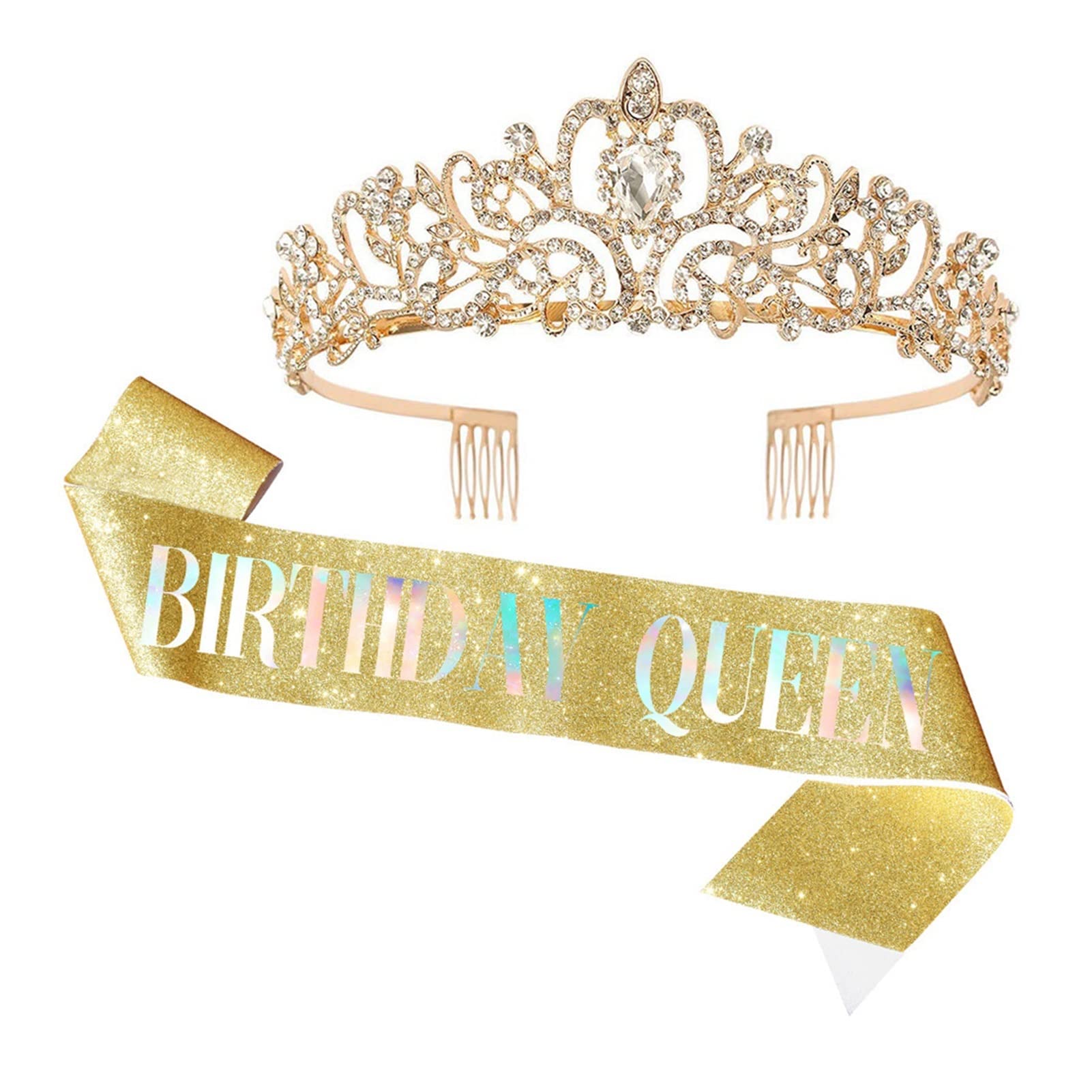 Silver Crystal Rhinestone Bridal Crown Tiara Set - Elegant Birthday Party Hair Accessories for Girls, Women, Queen - Headdress Gift with Ribbon Strap (Metal Color: 34) - Perfect for Weddings, Birthday Parties, Pageants & Special Occasions