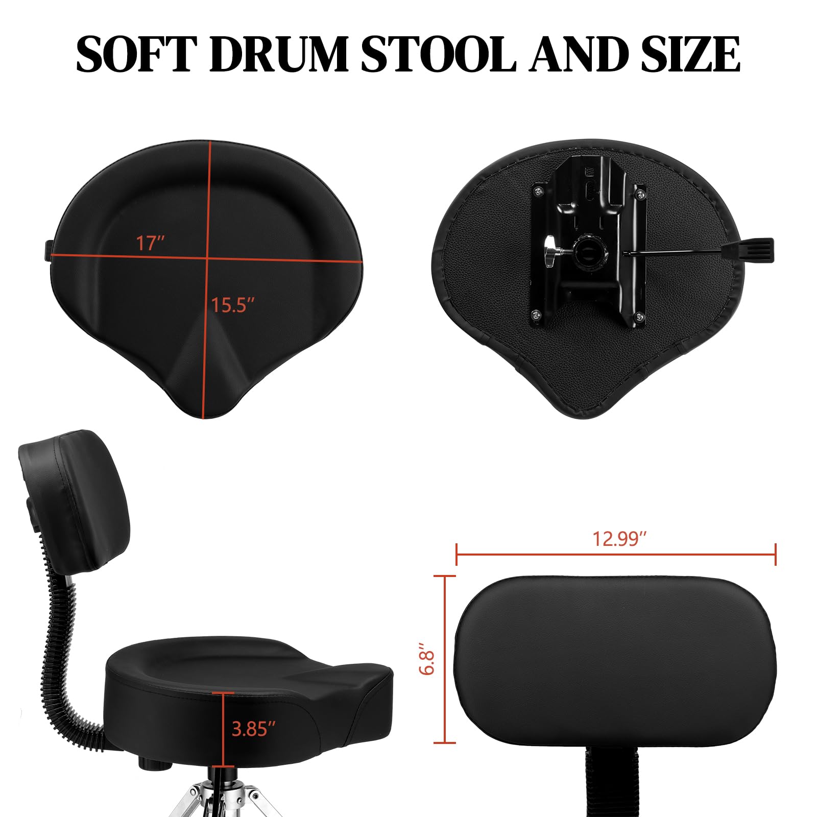 **Heavy Duty Hydraulic Drum Throne with Backrest - Adjustable Height Drum Stool, Ergonomic Saddle Seat for Drummers (Black) - Perfect for Live Performances, Studio Sessions & Practice**