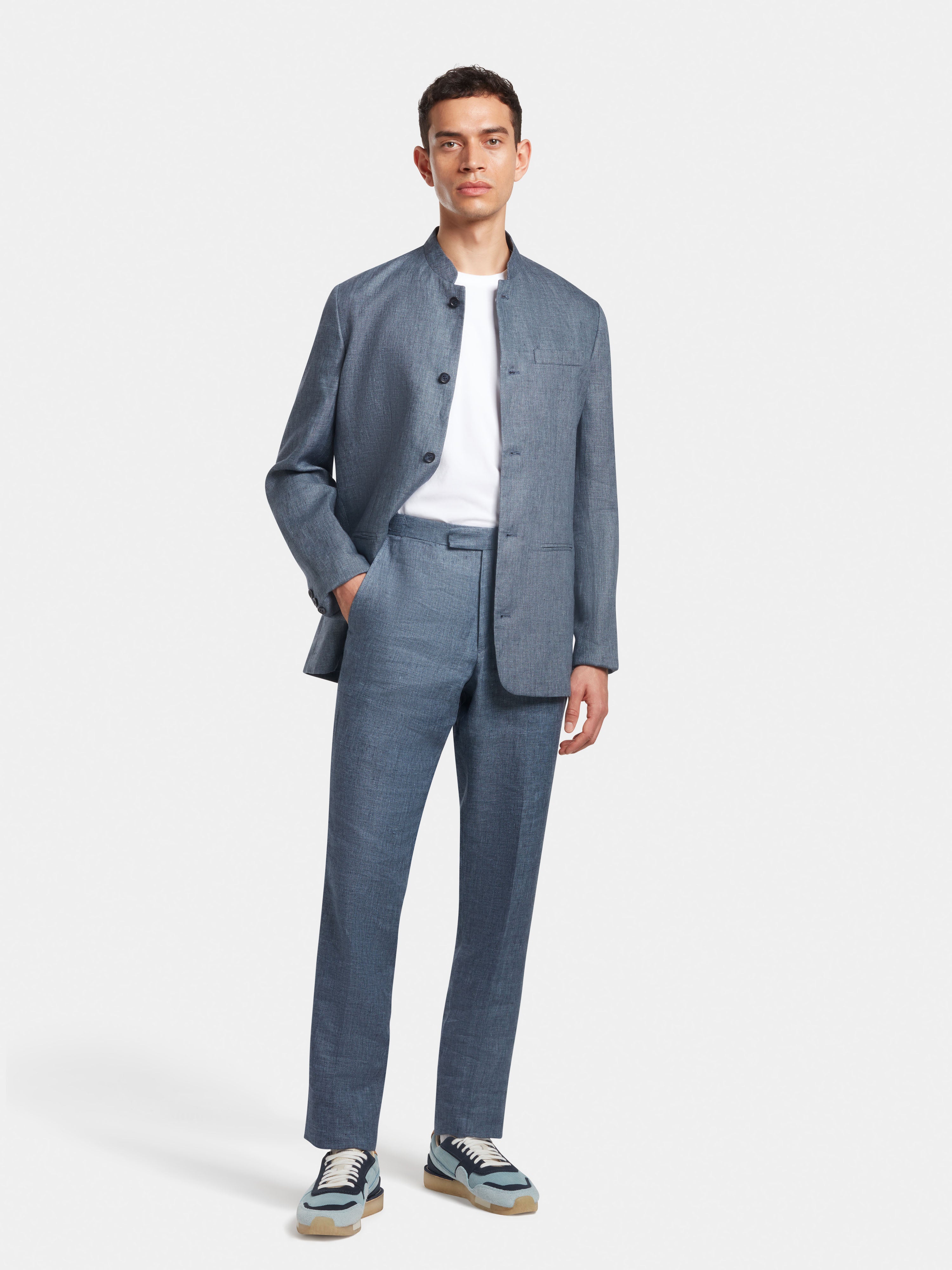 French Blue Linen Nehru Jacket for Men | Lightweight Breathable Summer Blazer | Wedding, Party & Business Casual Wear