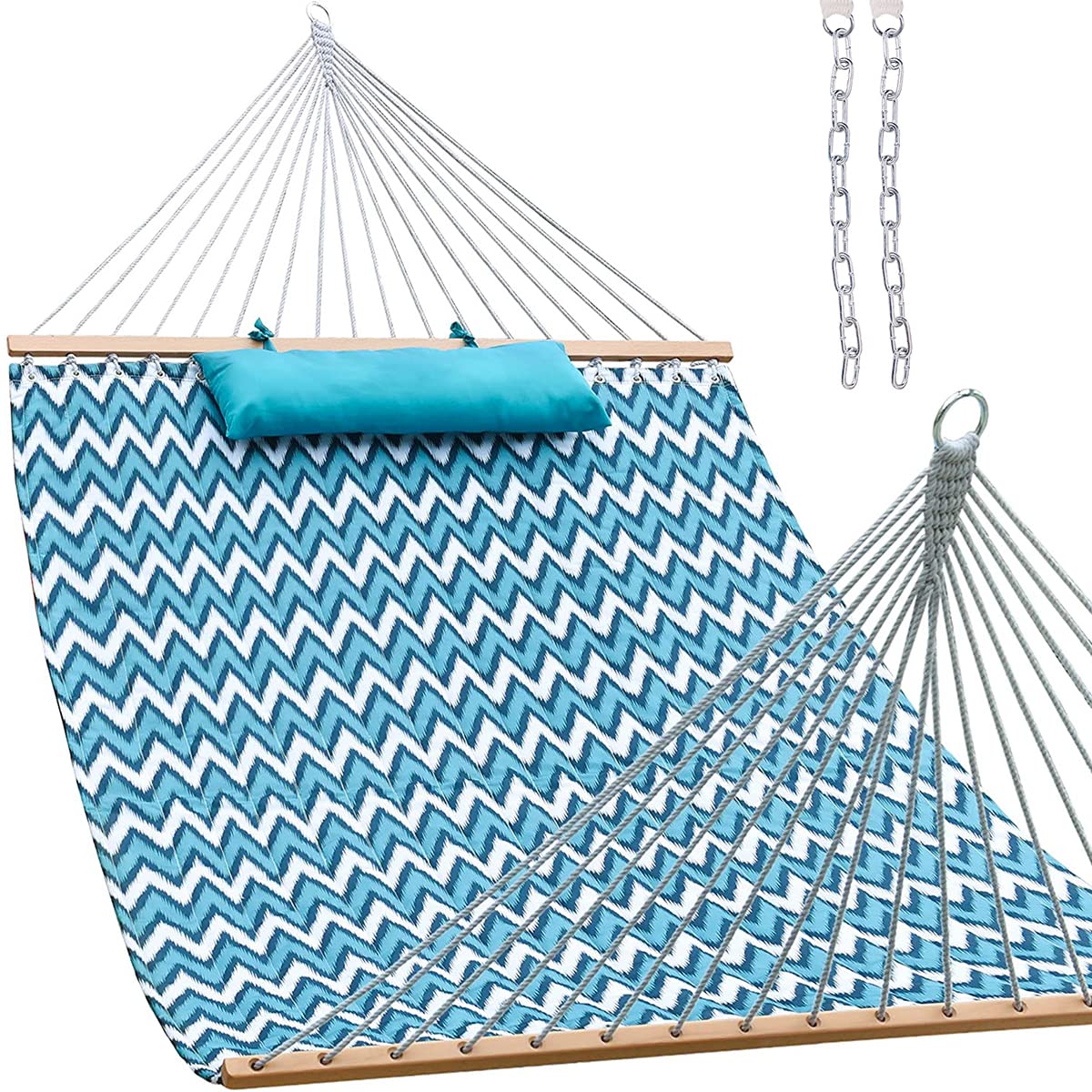 12 FT Double Hammock with Spreader Bars & Detachable Pillow - 450 LBS Capacity Quilted Fabric Hammock for 2 Persons - Perfect for Backyard, Patio, Poolside & Camping - White & Blue Chevron Design