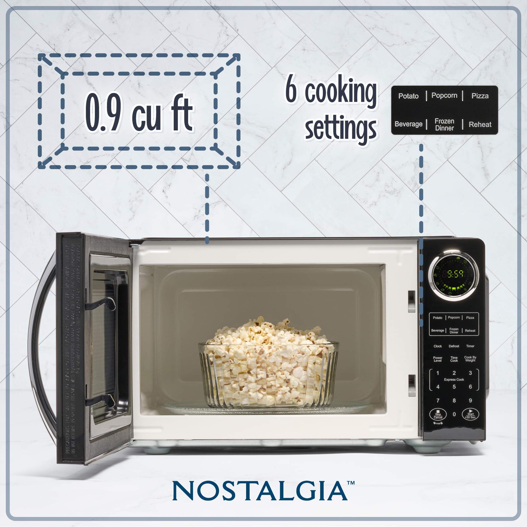 Nostalgia 900W Retro Microwave Oven - 0.9 Cu Ft Compact Countertop Microwave with 12 Preset Cooking Modes & Digital Clock - Perfect for Small Kitchens, Dorms, Offices & RV Cooking - Black