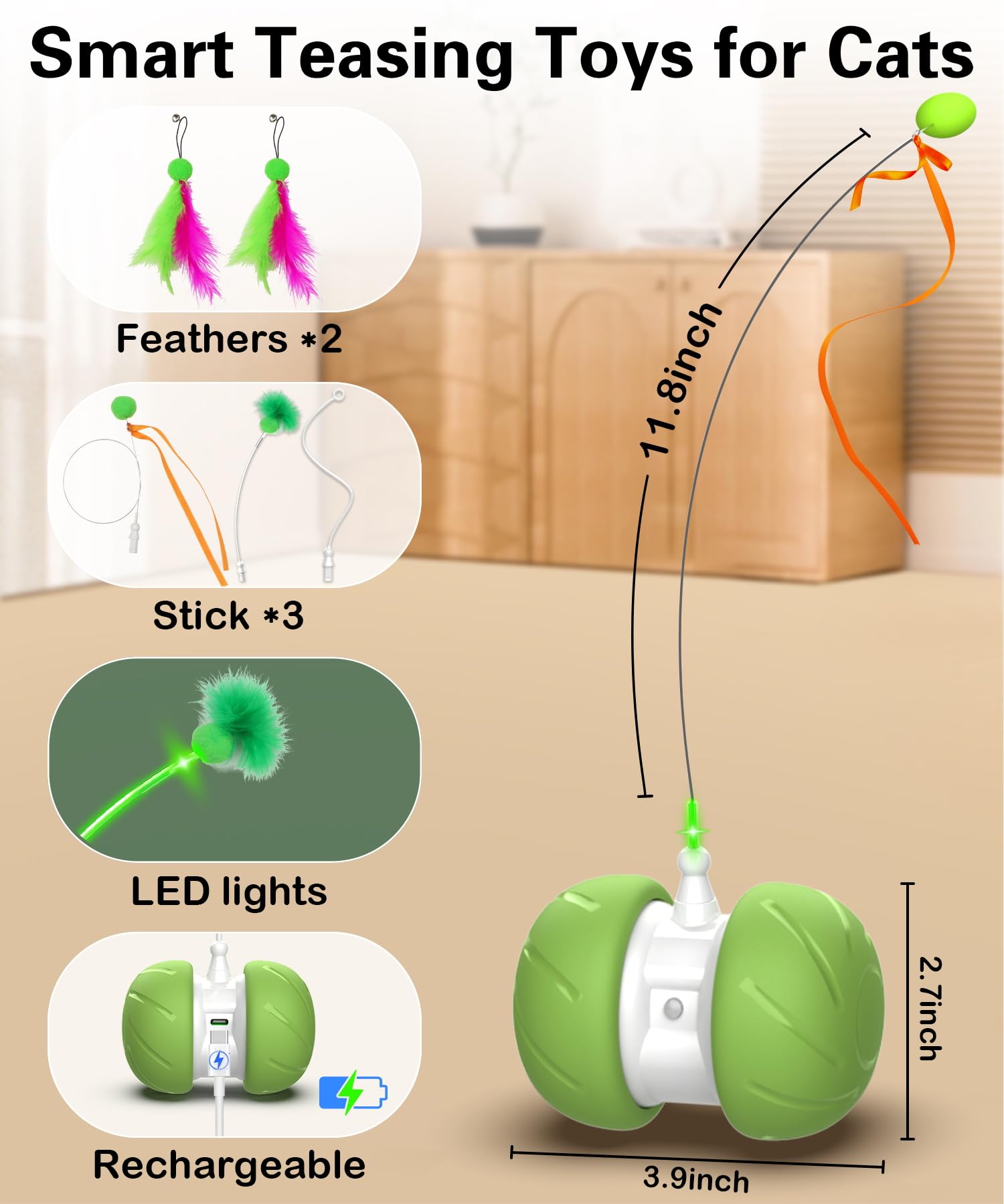 Interactive Motion Activated Cat Toys for Indoor Cats - Automatic USB Rechargeable Cat Toy with Extra Long Feather Wand & Mouse Toy (Green) - Perfect for Playtime, Exercise & Boredom Relief